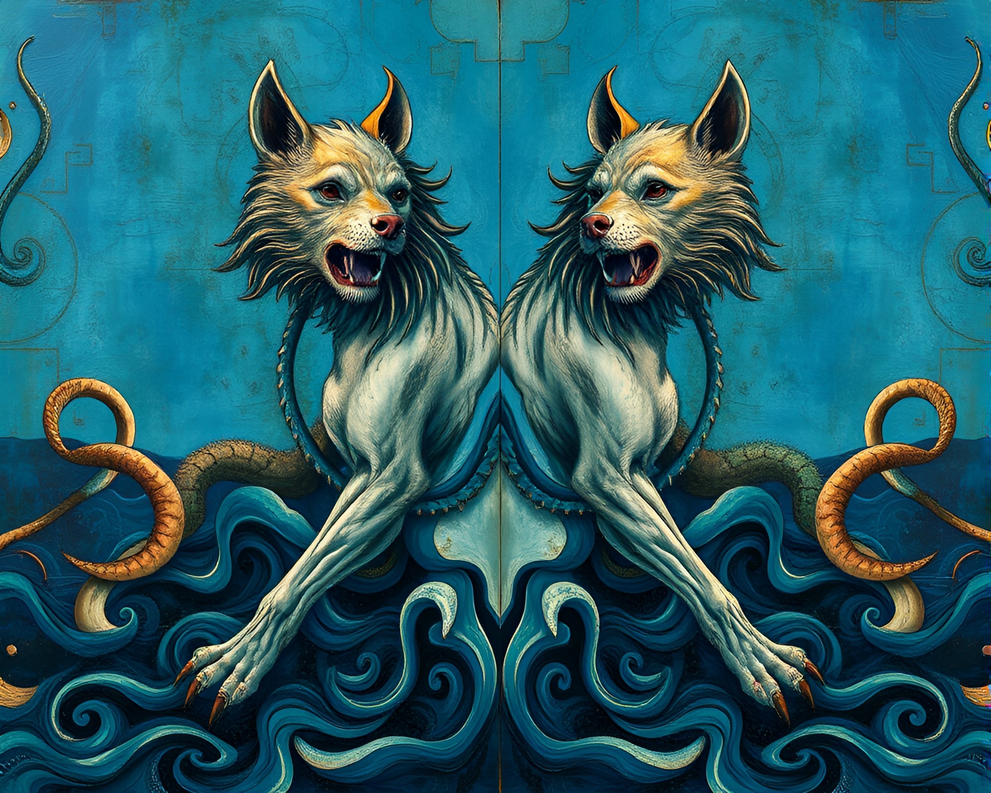 Cerberus in Ocean-Blue Fresco Painting – free AI stock image