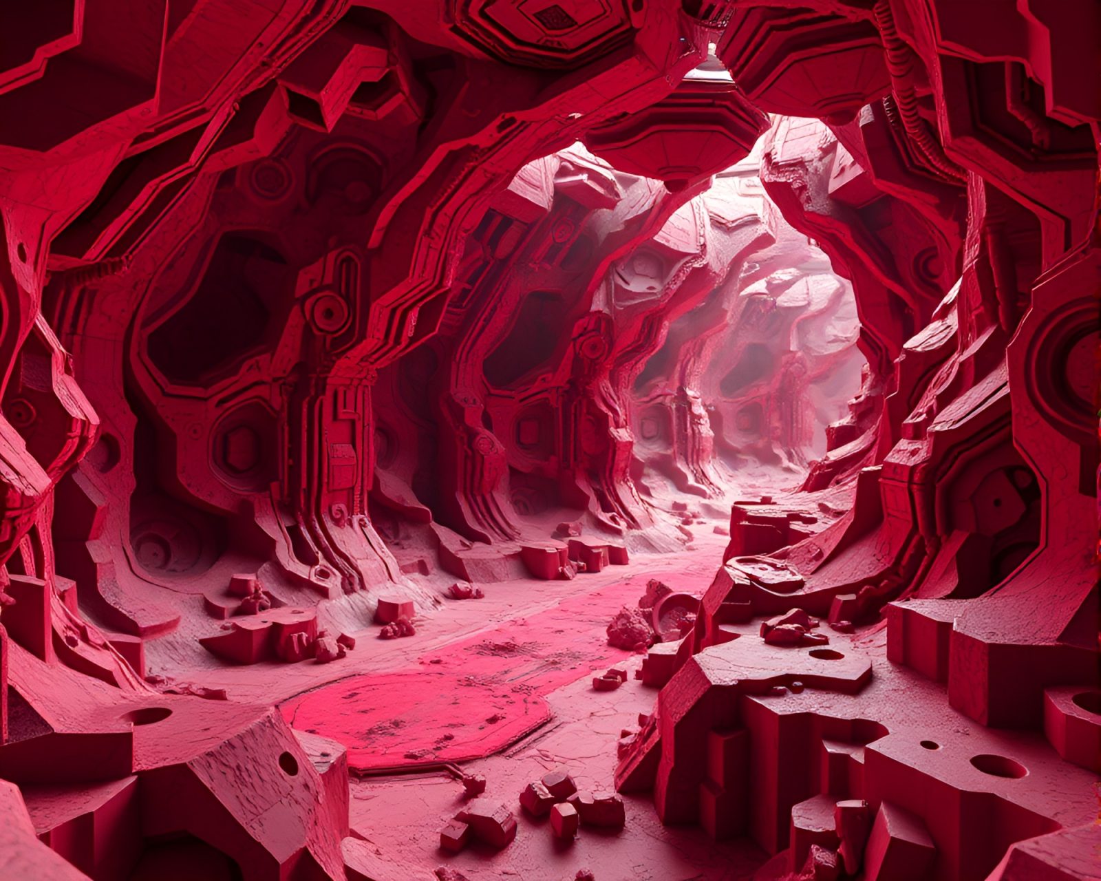 Futuristic 3D rendered space structure in monochrome red hues