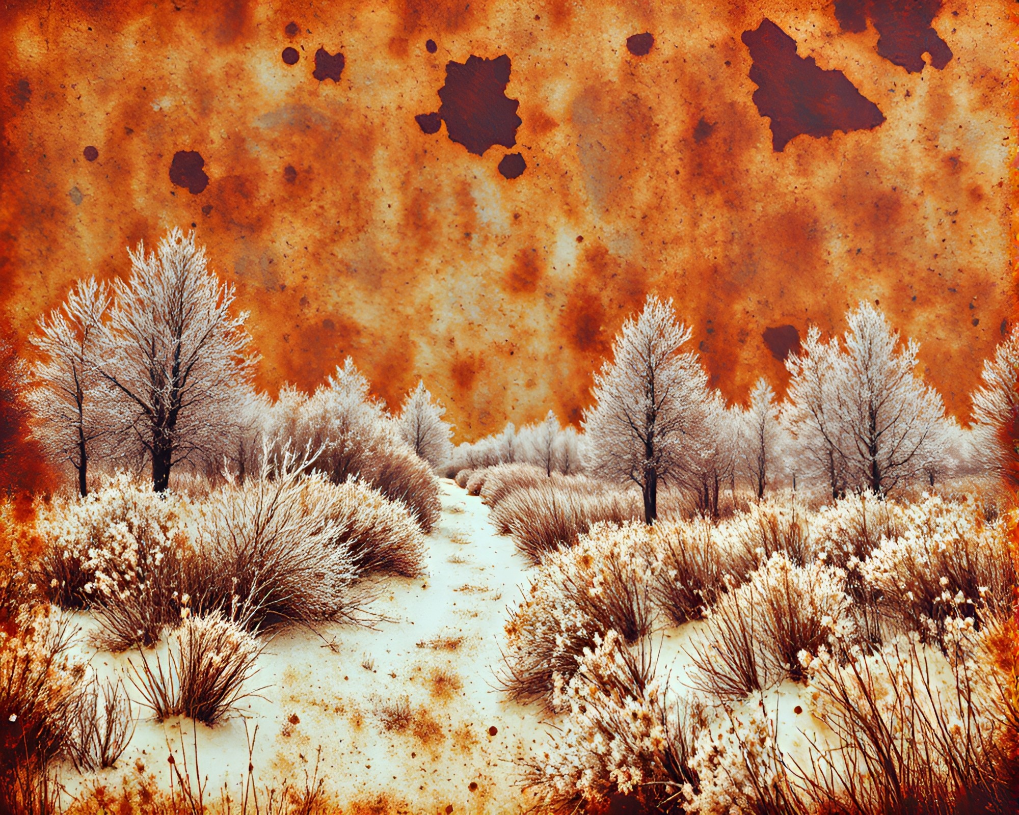 Rustic Winter Wonderland Landscape Etching – free AI stock image