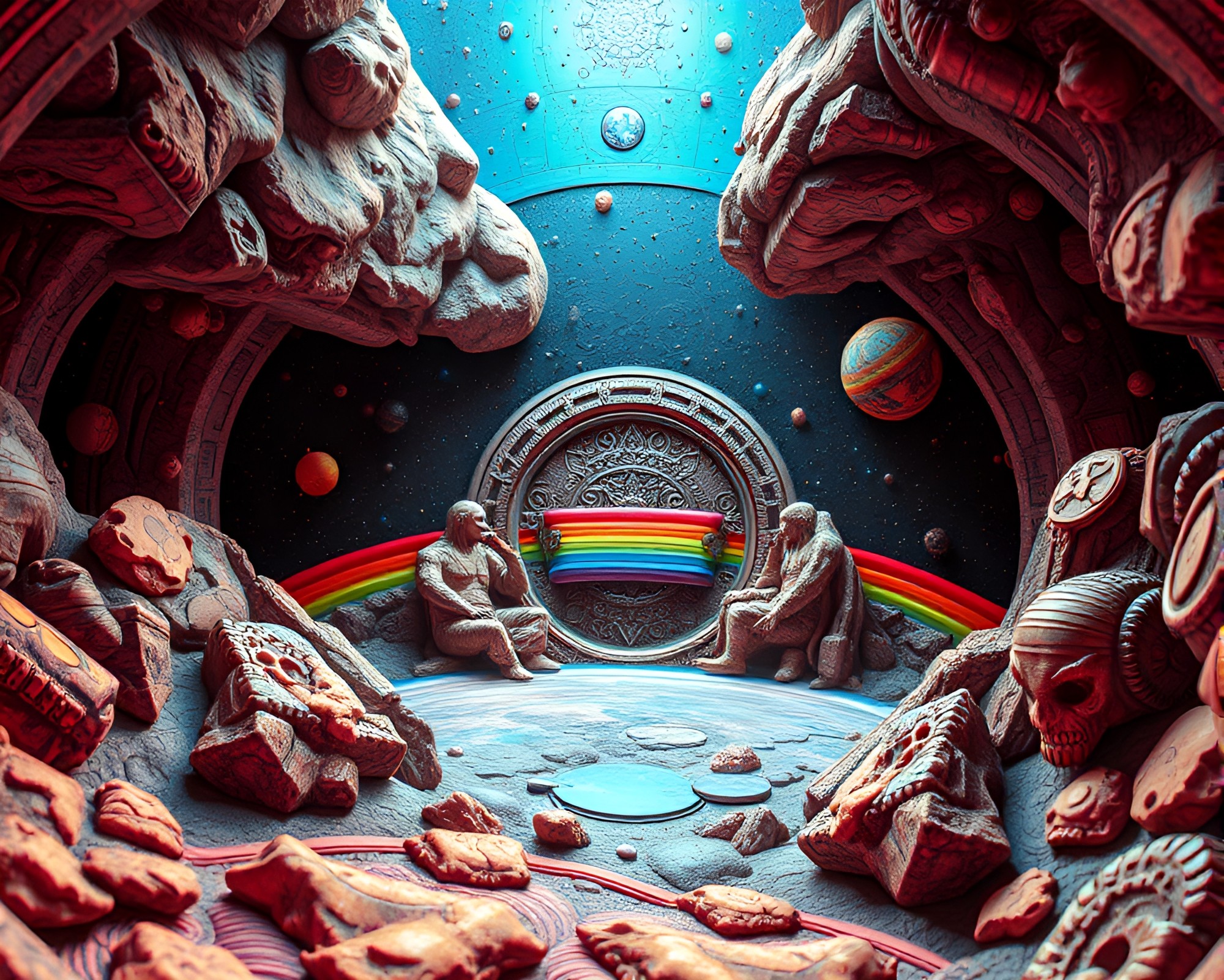 Maximalist Space Habitat with Cosmic Rainbow Engravings – free AI stock image