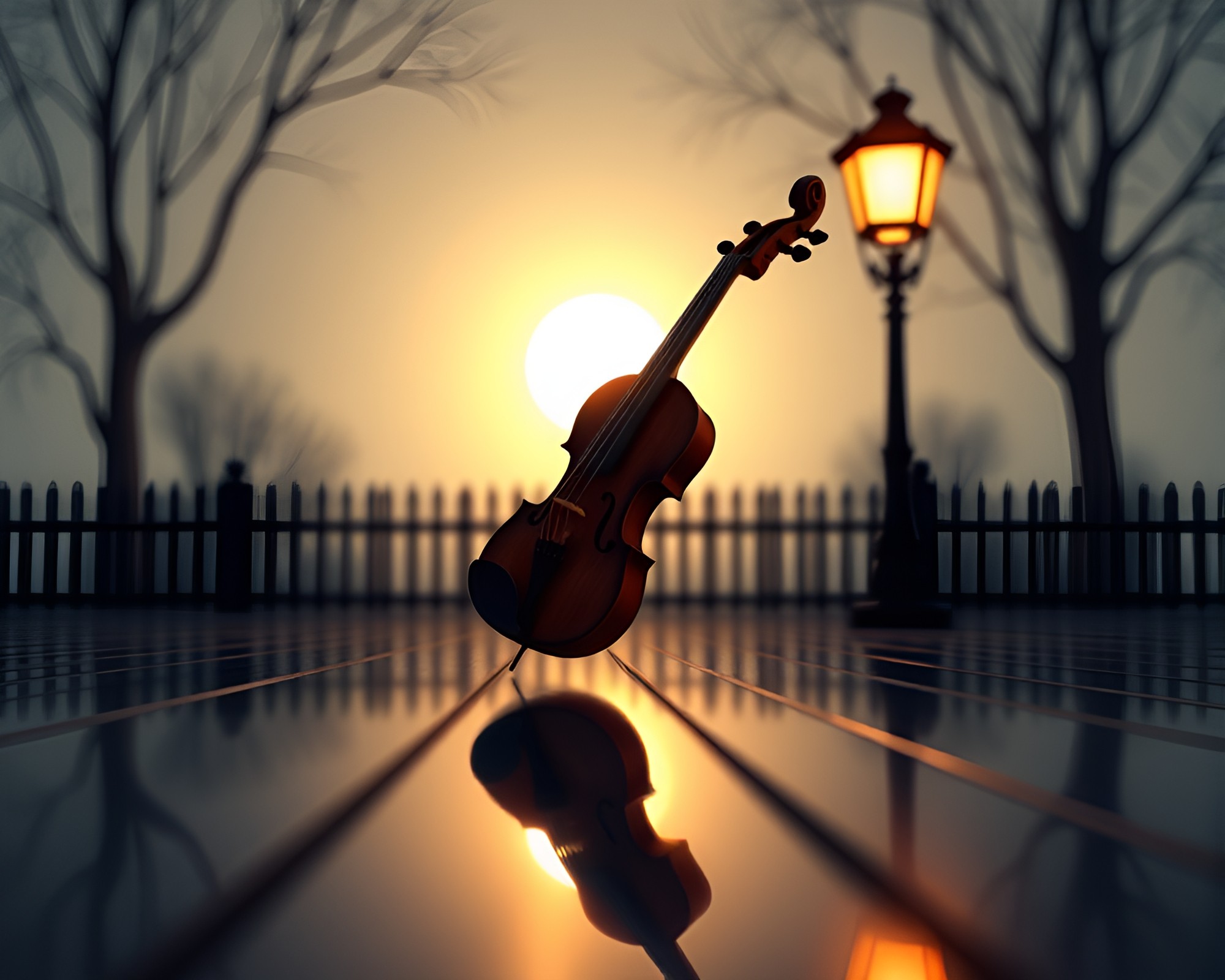 Wooden Violin Reflection Silhouette in Streetlamp Glow – free AI stock image