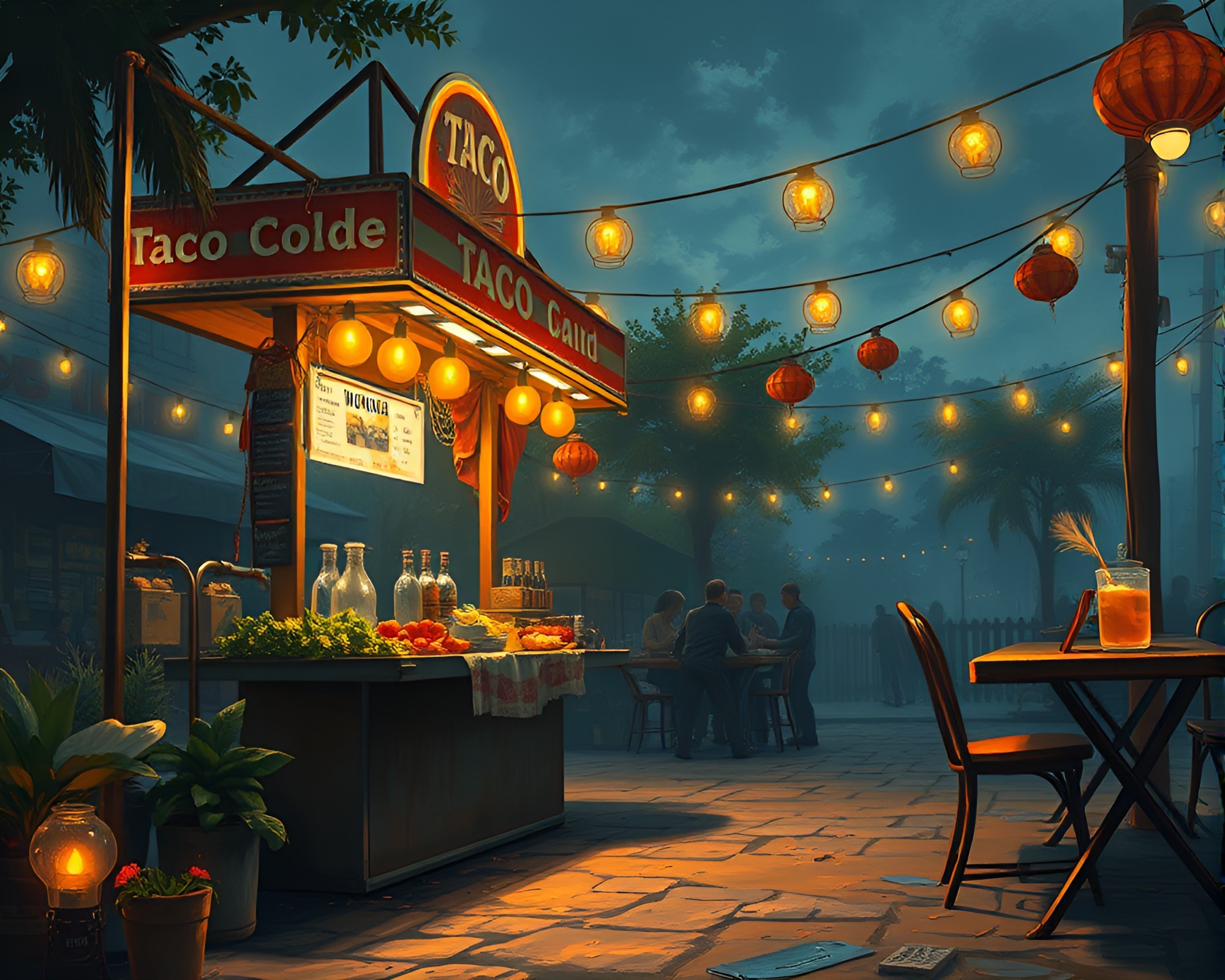 Taco Stand Delight in Candlelit Worm’s Eye View – free AI stock image