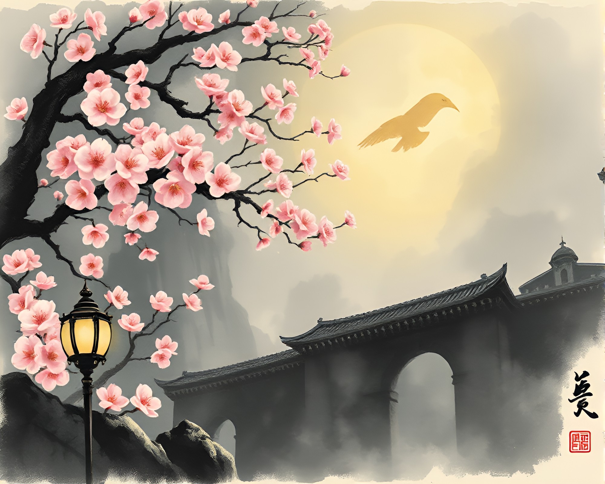 Spring Blossom in Dungeon Torchlight with Calligraphy Shading – free AI stock image