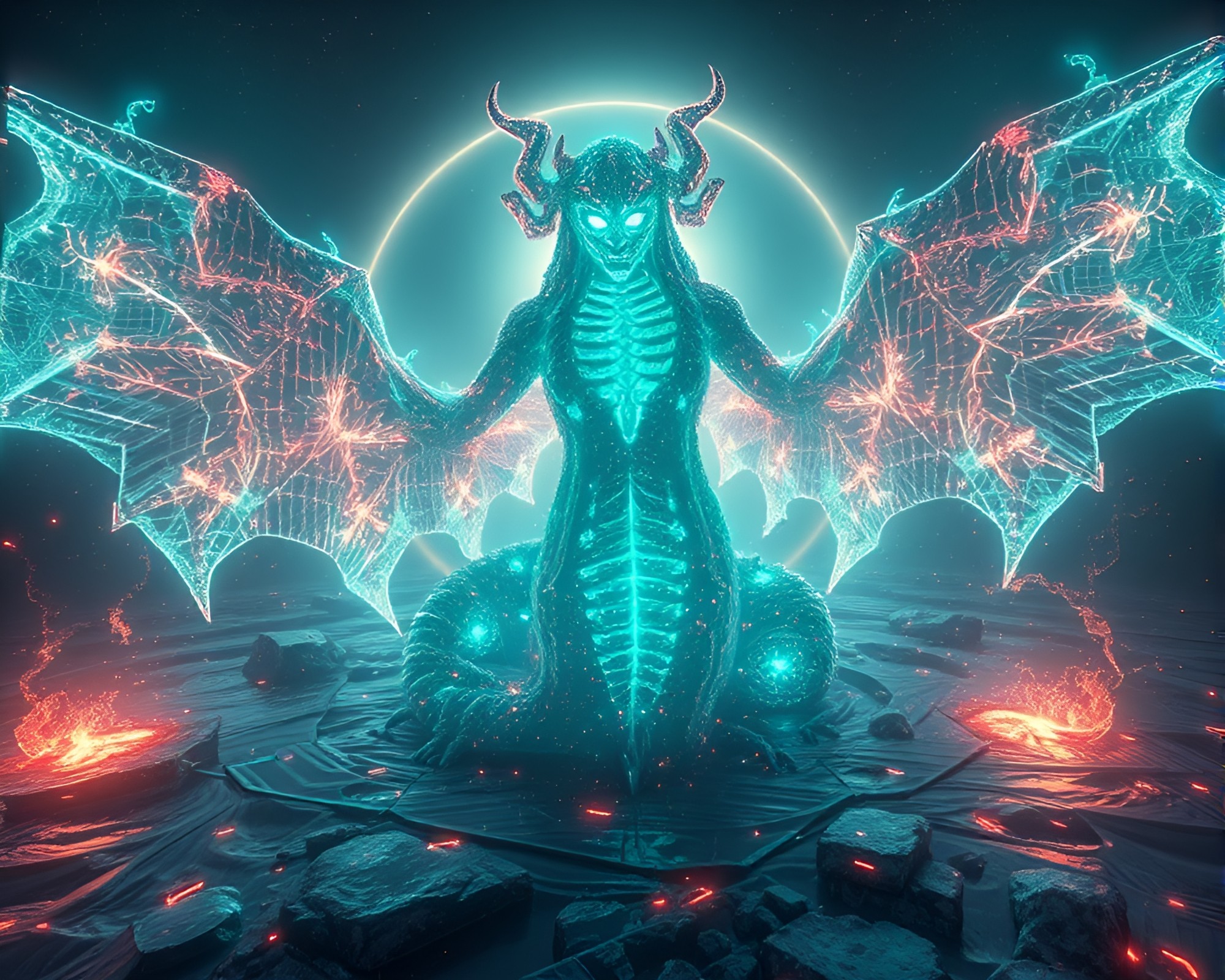 Hydra Sorcery Summoning in Wide-Angle Algorithmic Dream – free AI stock image