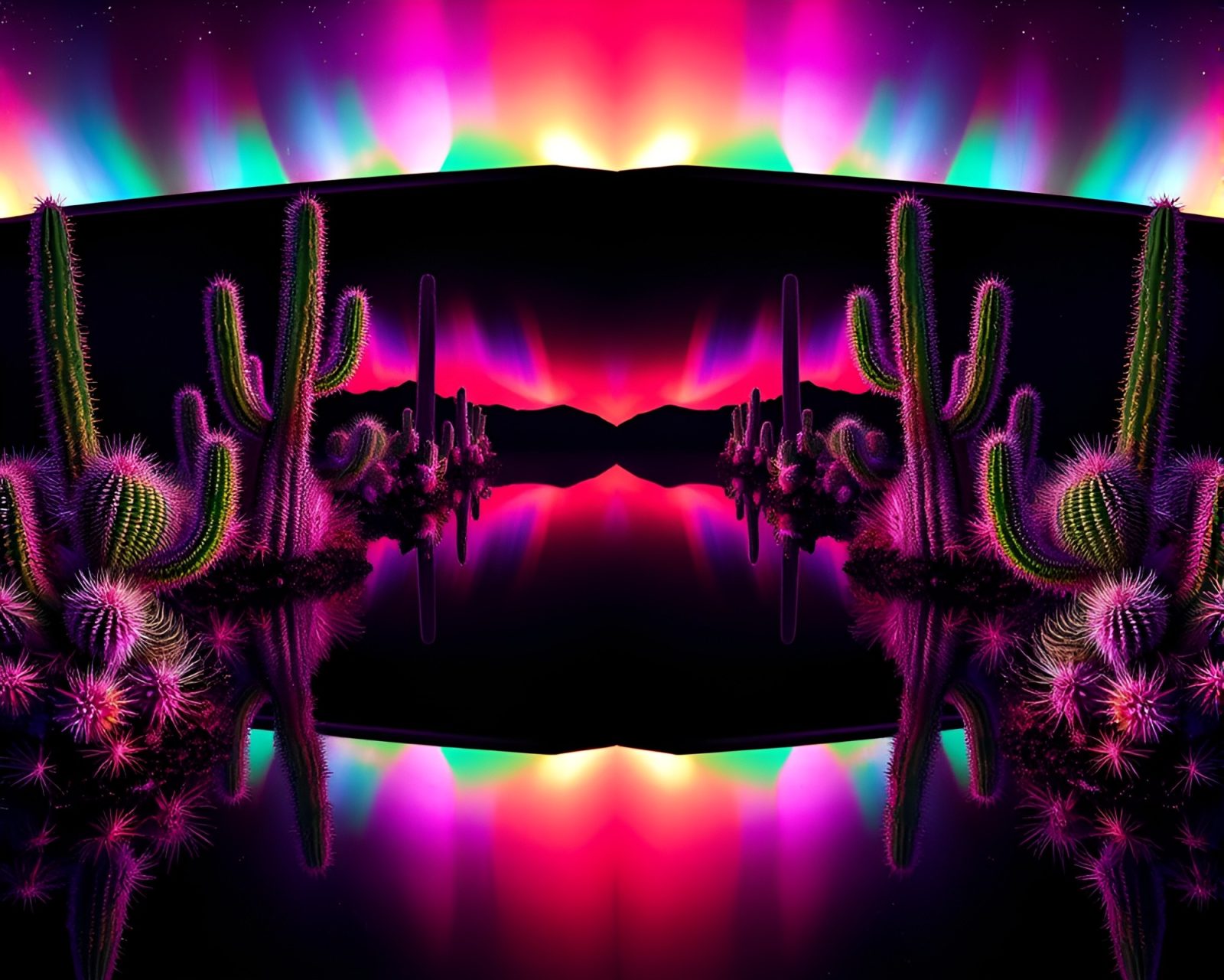 Low light photo of neon cactus reflecting in mirror
