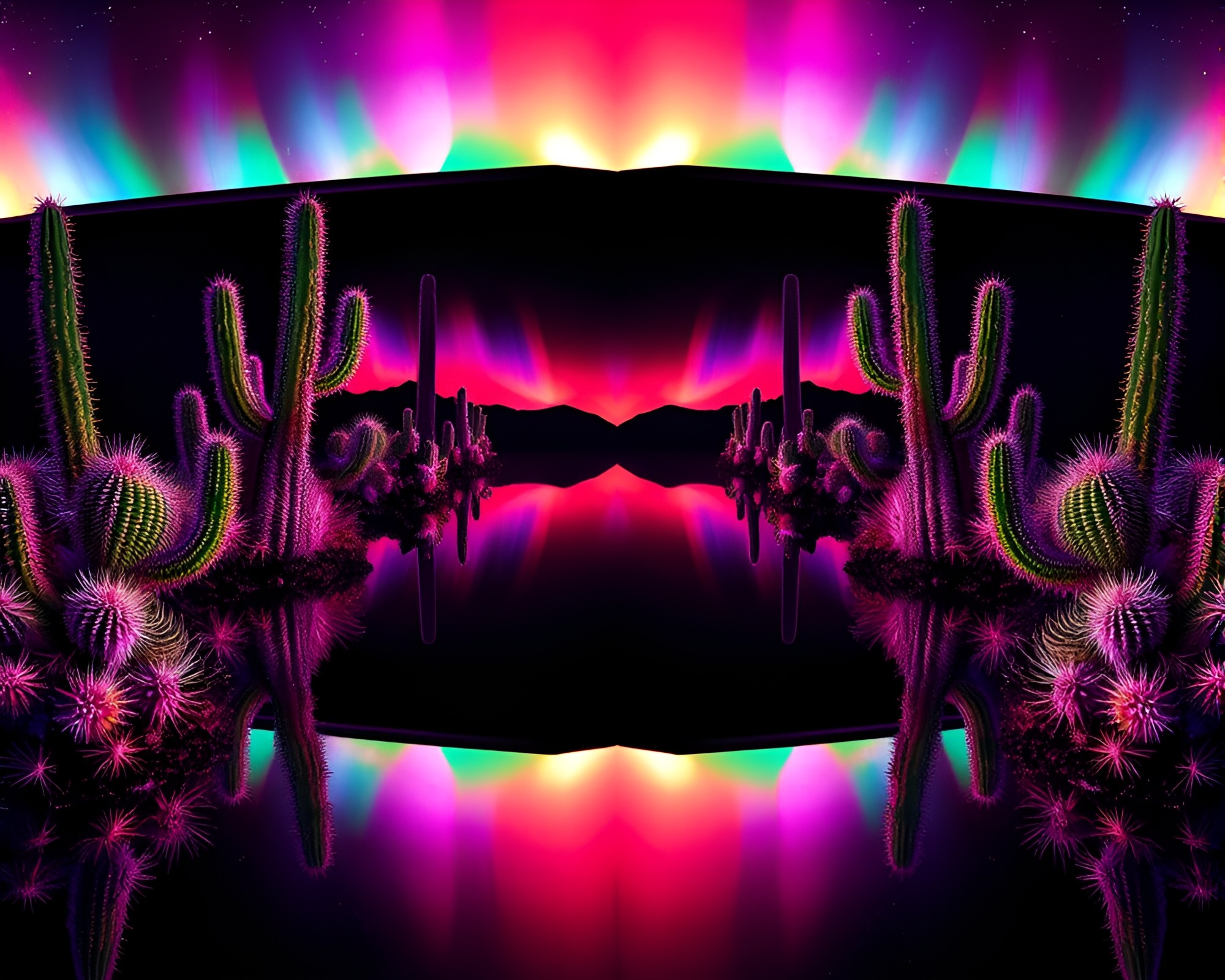Neon Cactus Reflection in Aurora Hue Mirror Symmetry – free AI stock image