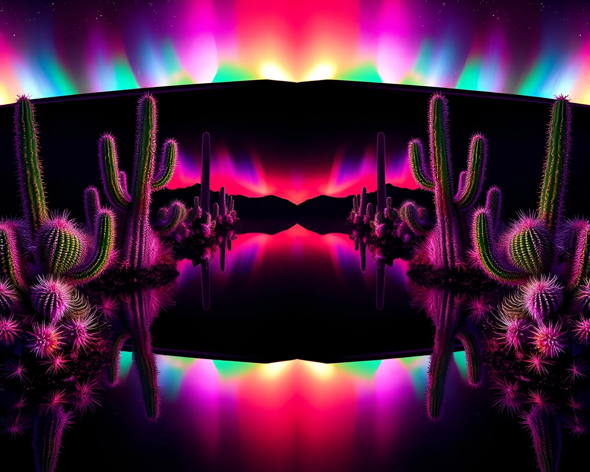 Neon Cactus Reflection in Aurora Hue Mirror Symmetry