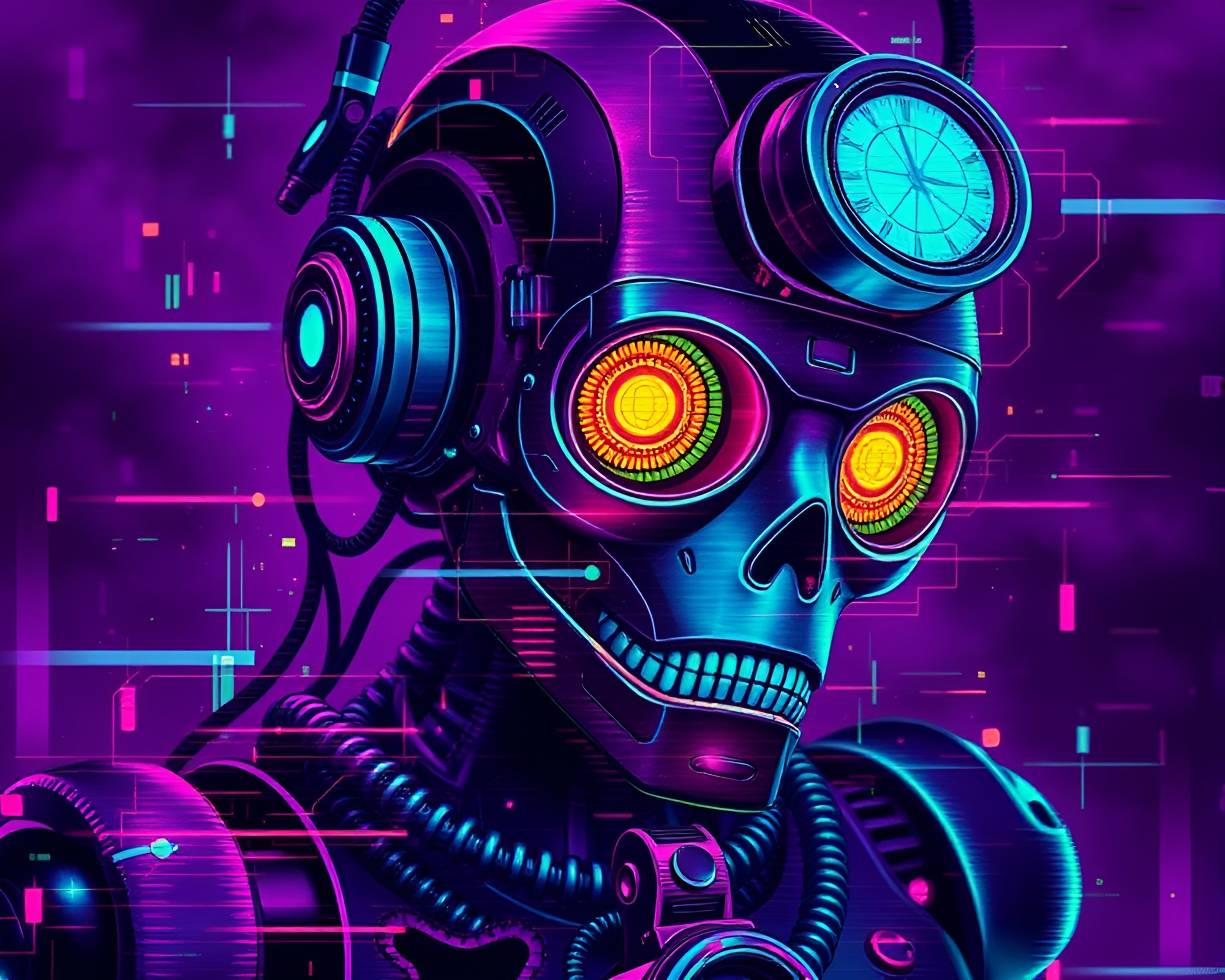 Twilight Steampunk Robot with Glitch Artifacts – free AI stock image