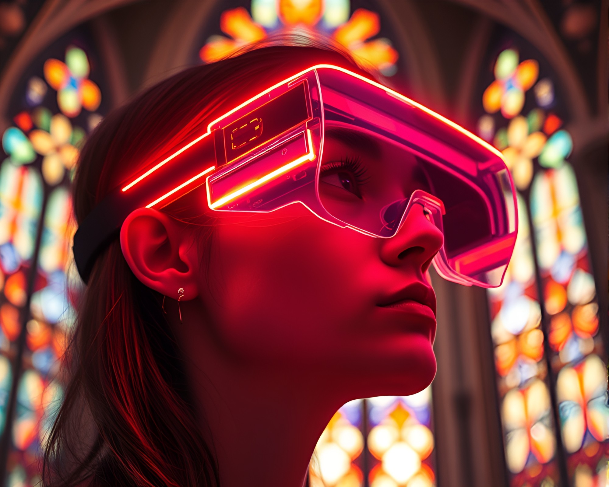 Neon Wireframe Cathedral with AR Glasses – free AI stock image