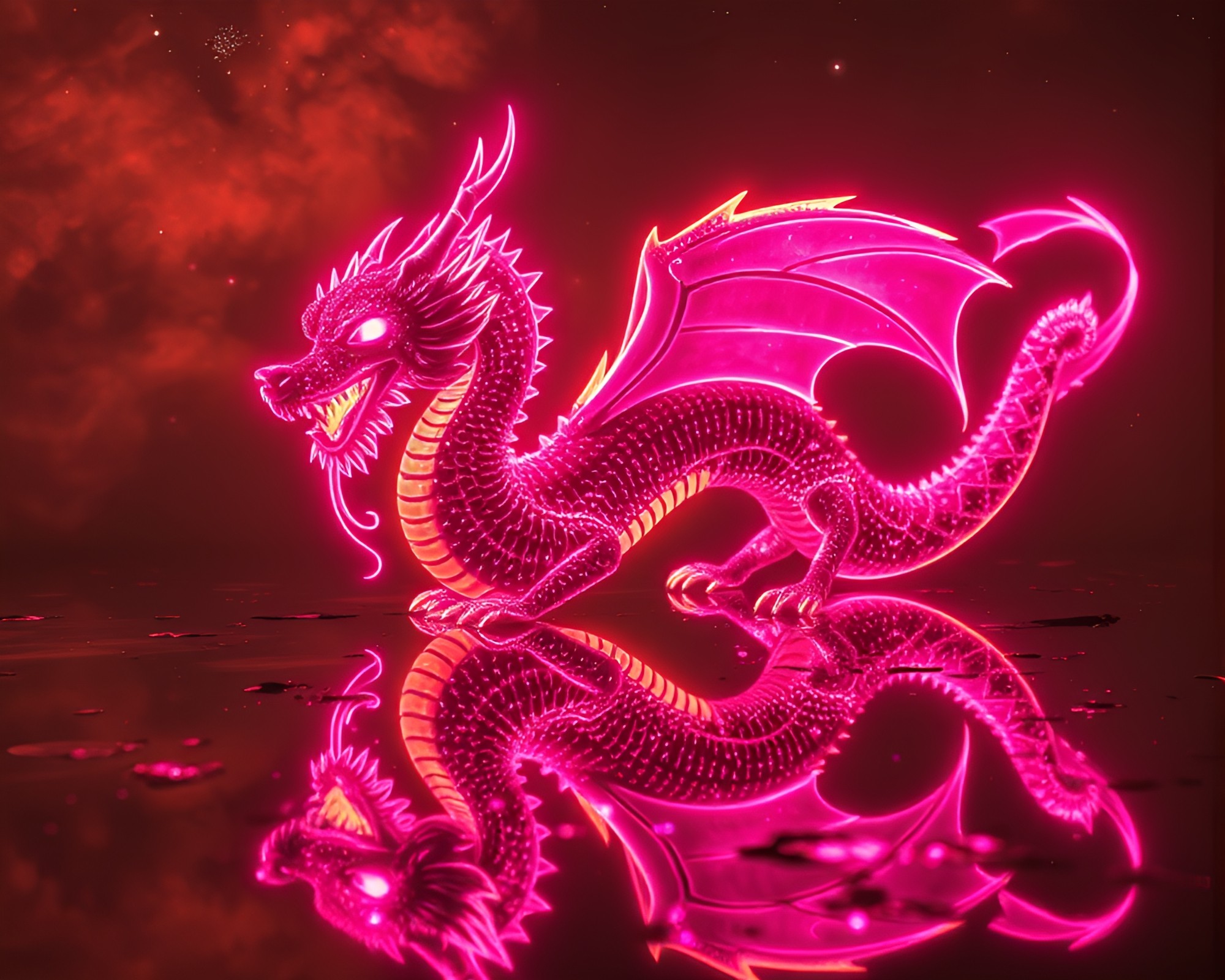Celestial Dragon Glowing in Sepia Neon Reflections – free AI stock image