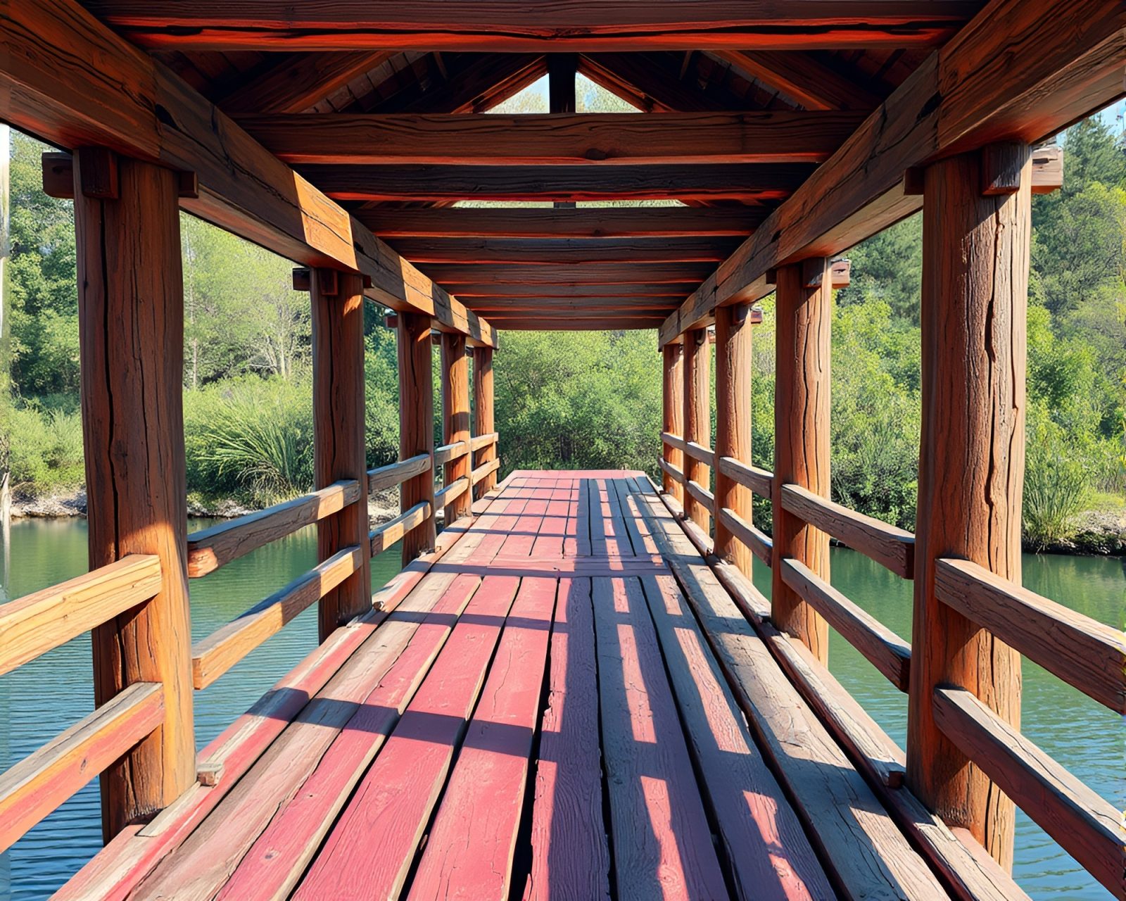 Washed-out 16-bit wooden bridge with vibrant color elements