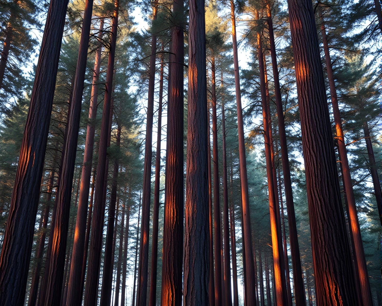 Glowing peach sky behind a checkered pattern forest scene