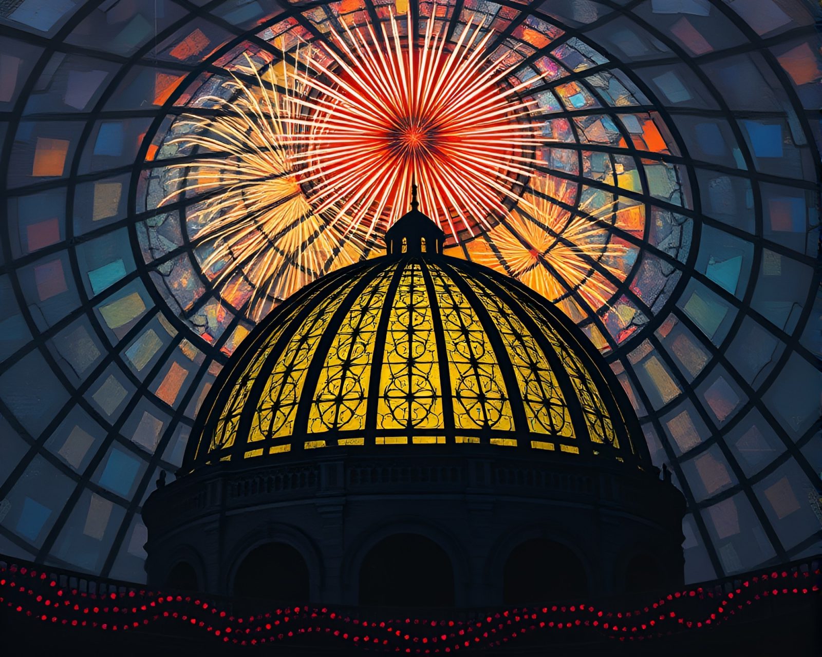 Colorful fireworks exploding against detailed stained glass dome in shadows