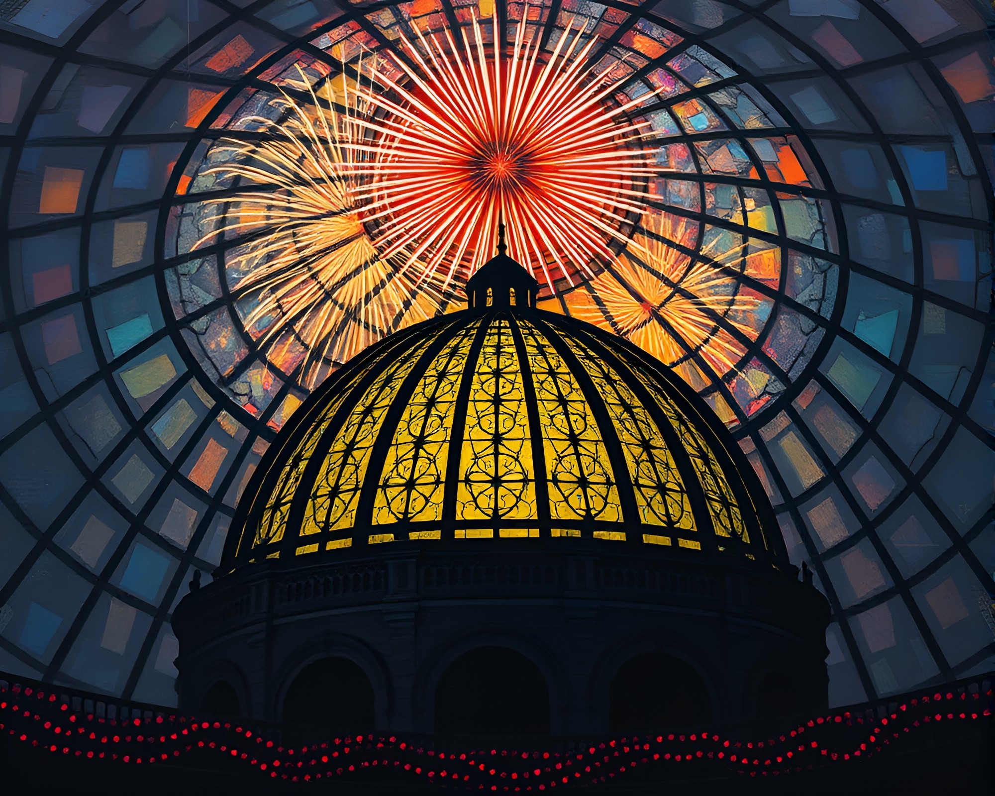 Spectacular Fireworks Illuminating Stained Glass Dome Display – free AI stock image