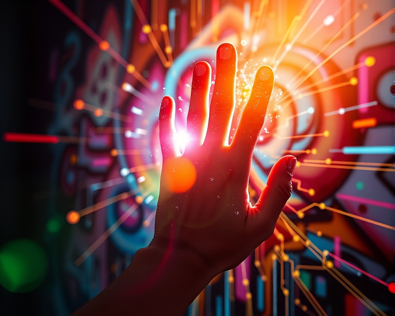 Neon cybernetic hand against vibrant graffiti wall with lens flare