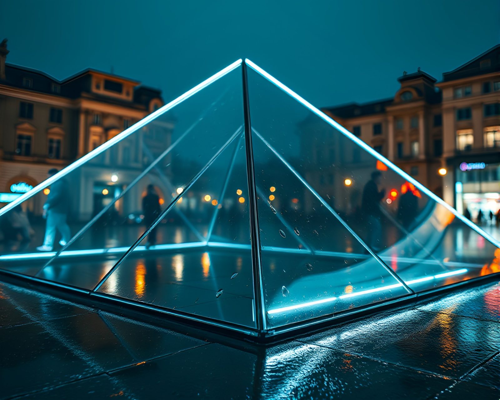 Vibrant neon wireframe pyramid reflecting raindrops under telephoto lens