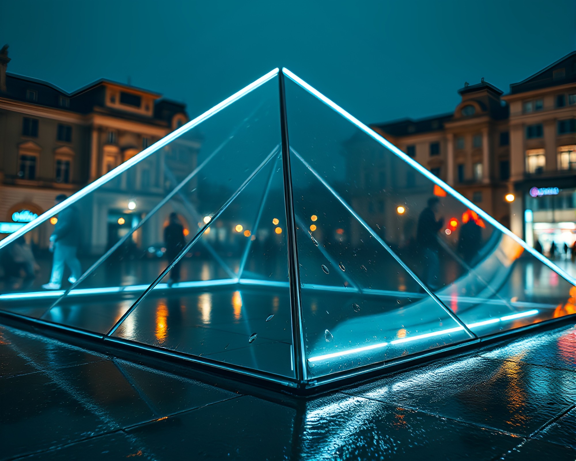 Neon Glass Pyramid in Rainy Telephoto Reflections – free AI stock image
