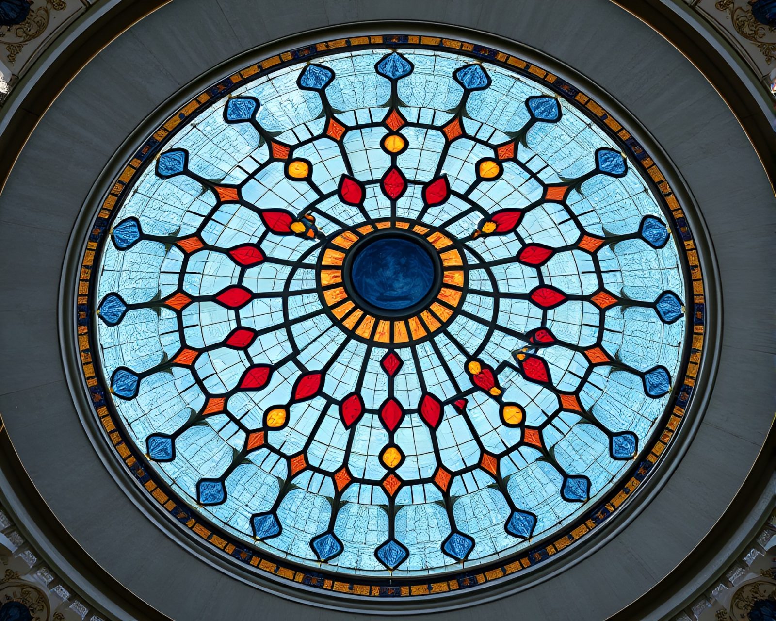 Stained glass dome with faded denim look tiles
