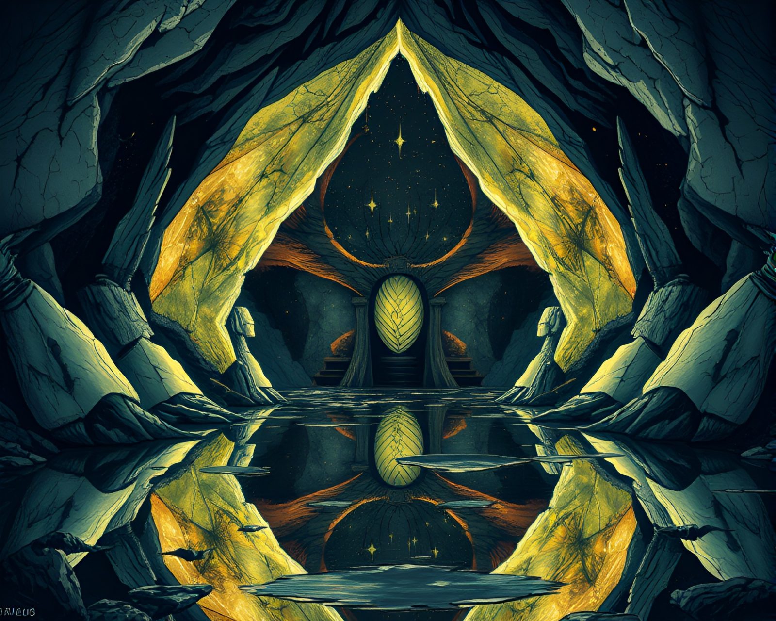 Mirrored fragment shows celestial dragon amidst steampunk darkness.