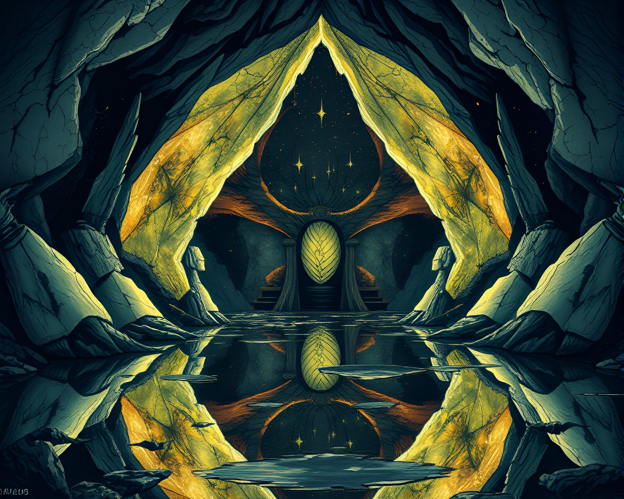 Celestial Dragon Reflection in Steampunk Cave Entrance – free AI stock image