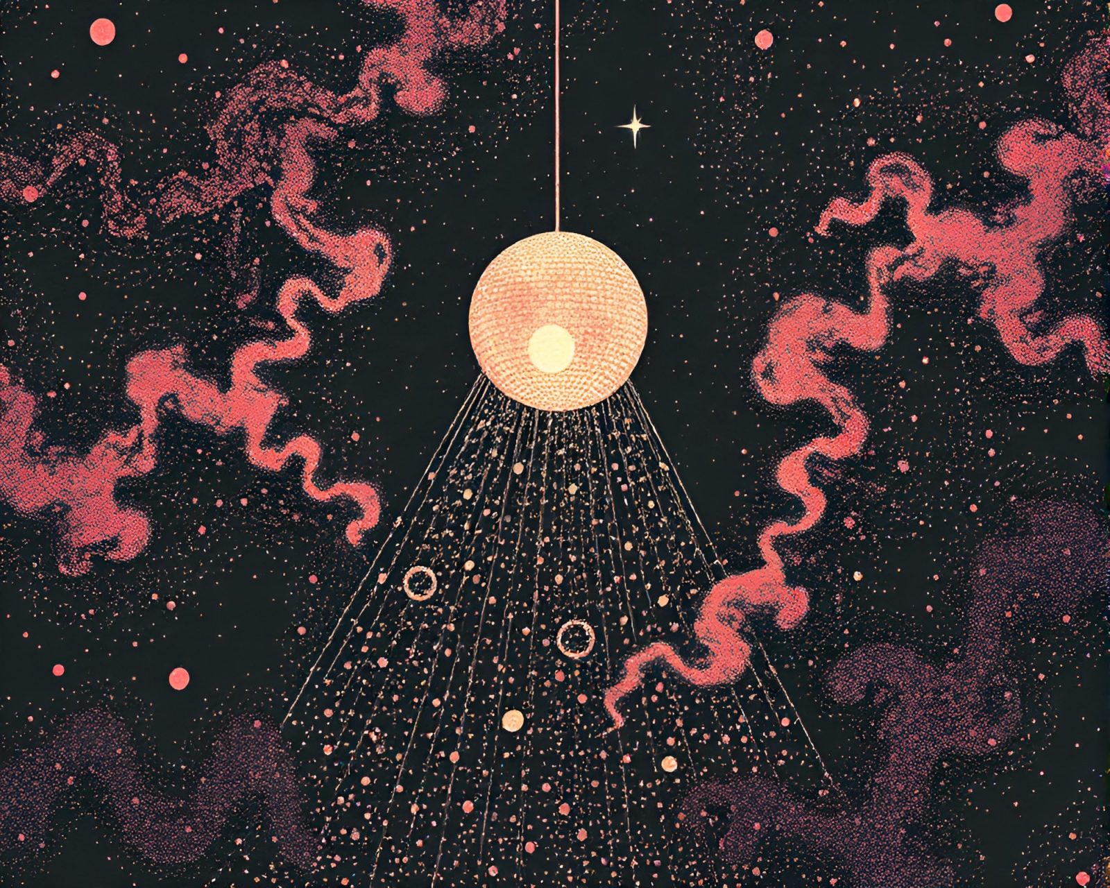 Abstract linocut print of dust particles under disco ball