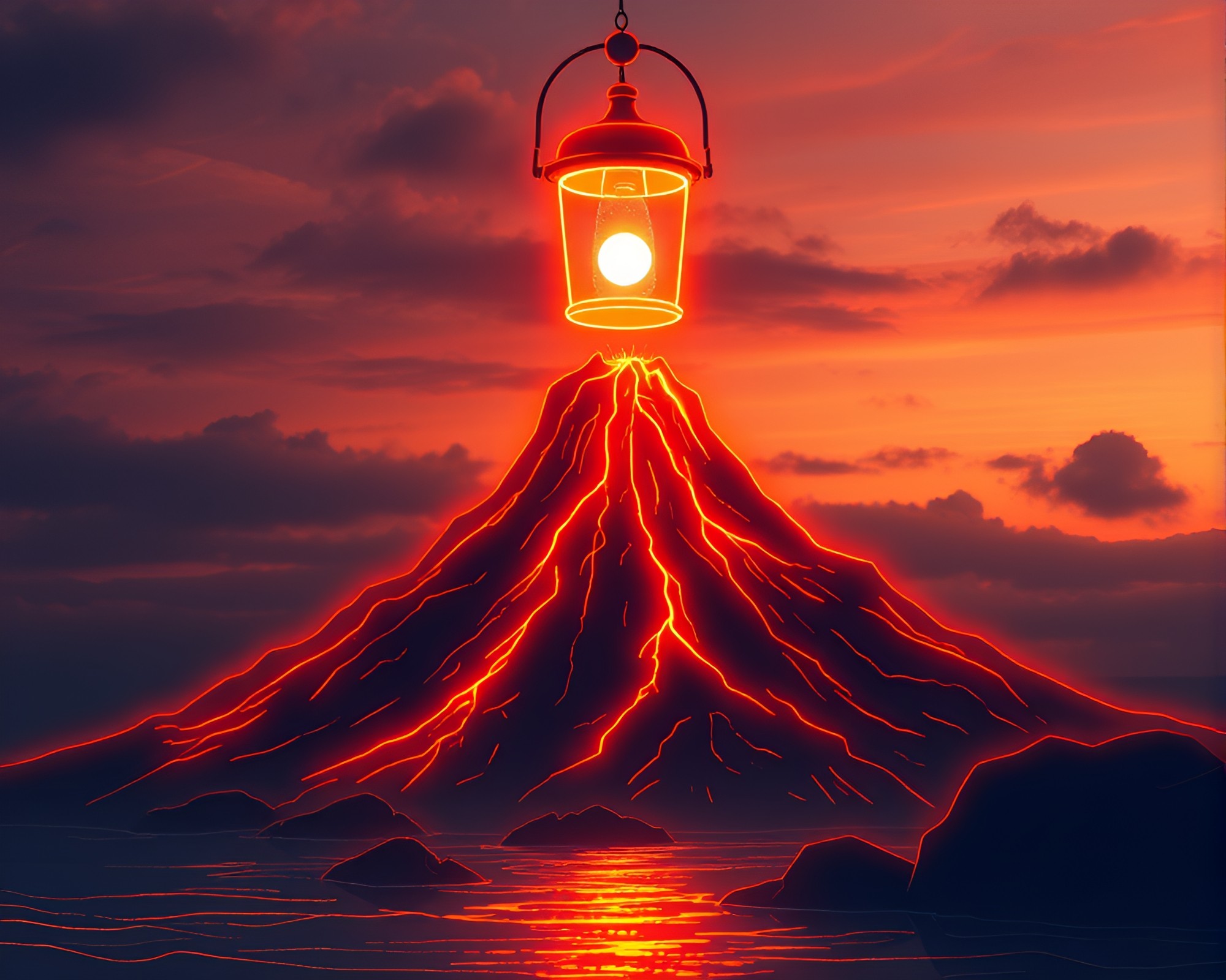 Glowing Neon Wireframe of a Volcanic Island – free AI stock image