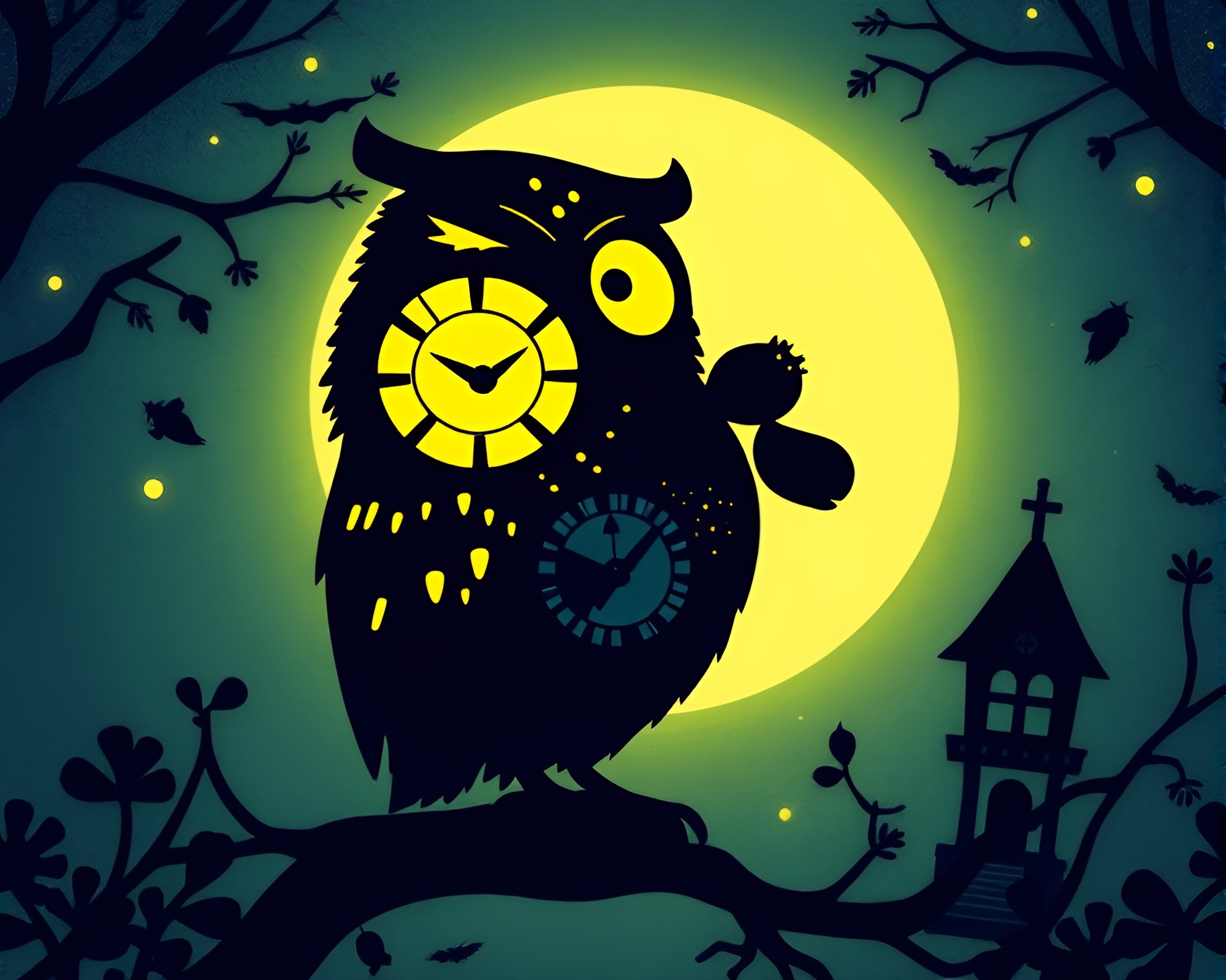 Clockwork Owl in Hyper-Saturated Silhouette – free AI stock image
