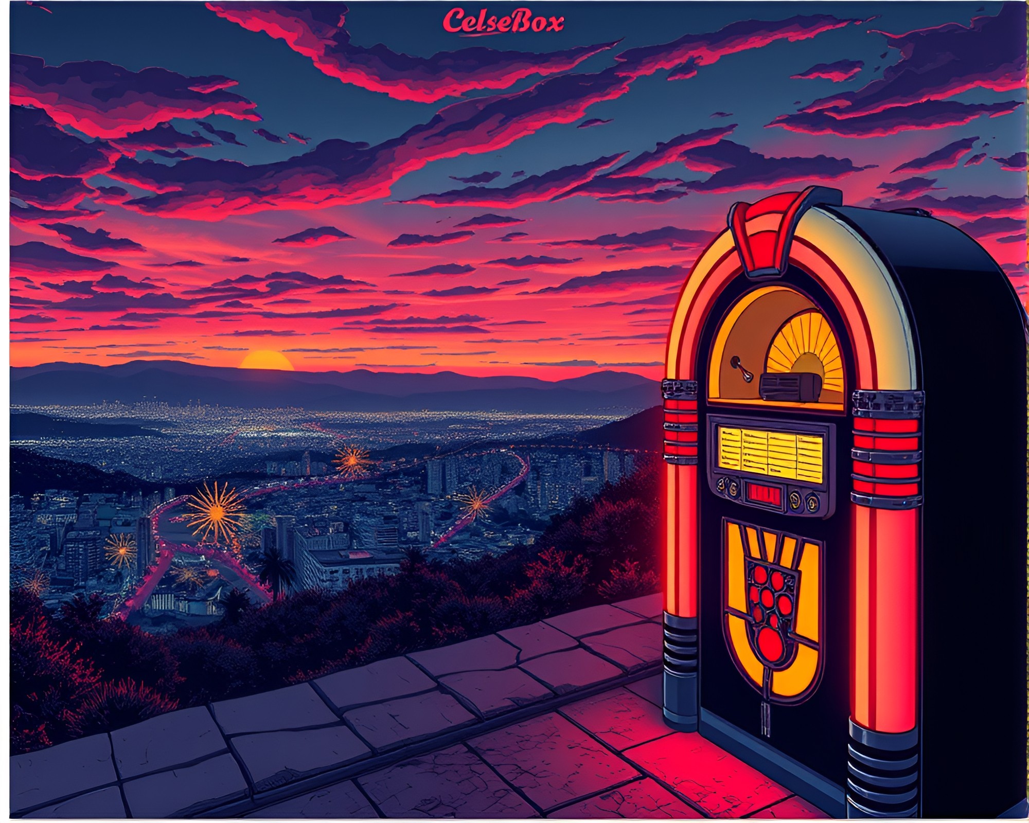 Twilight Retro Jukebox Manga Panoramic View – free AI stock image