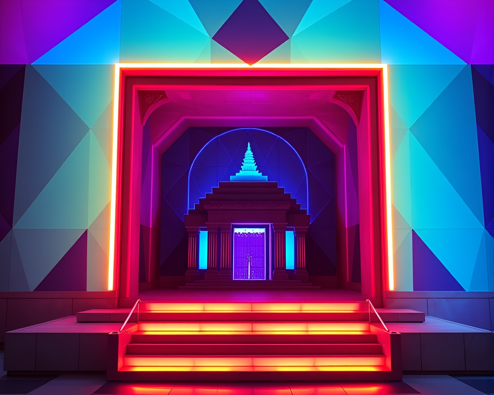 Neo-80s Temple Geometry with Opera Glow – free AI stock image