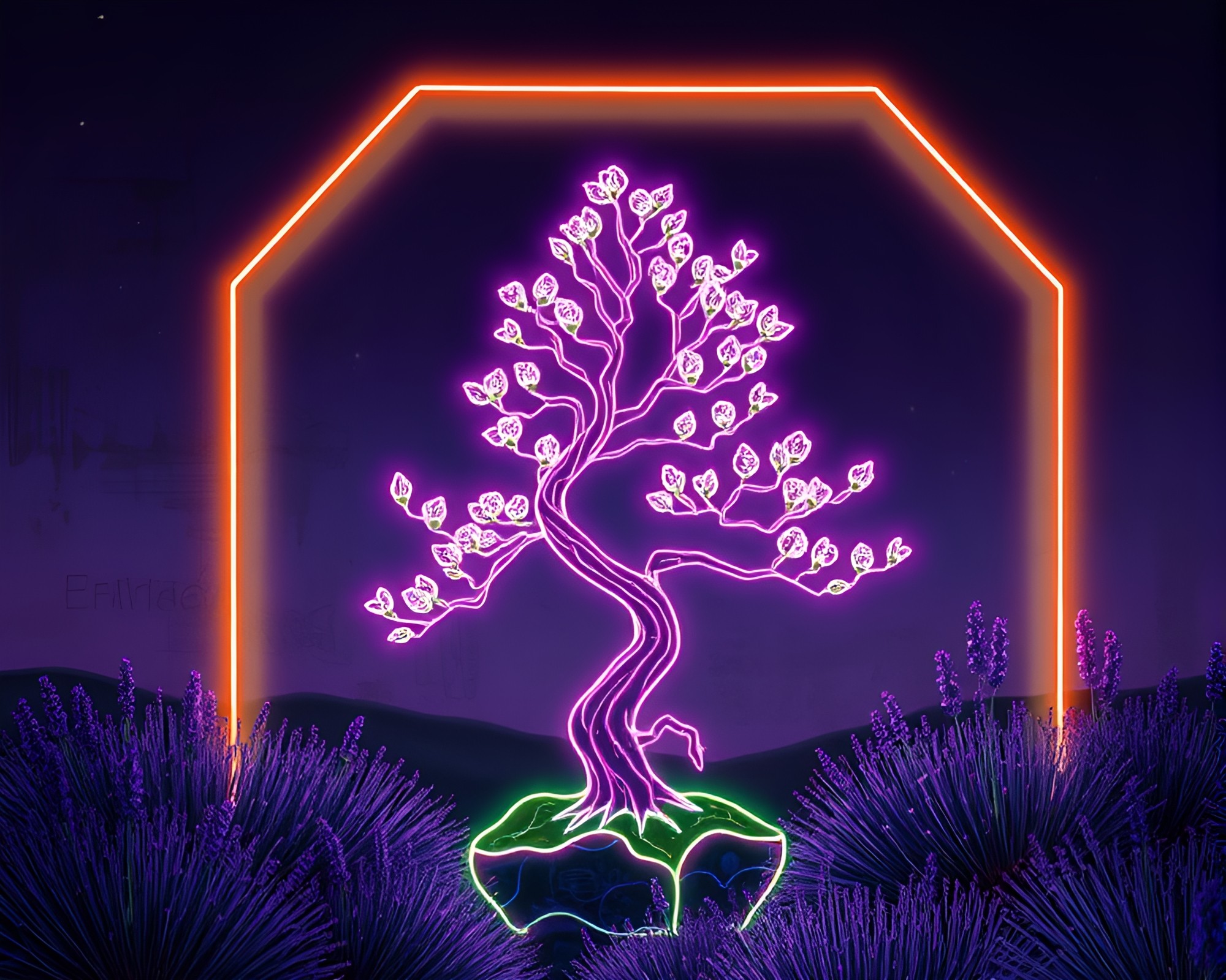 Neon Wireframe Bonsai Tree in Lavender Twilight Mural – free AI stock image