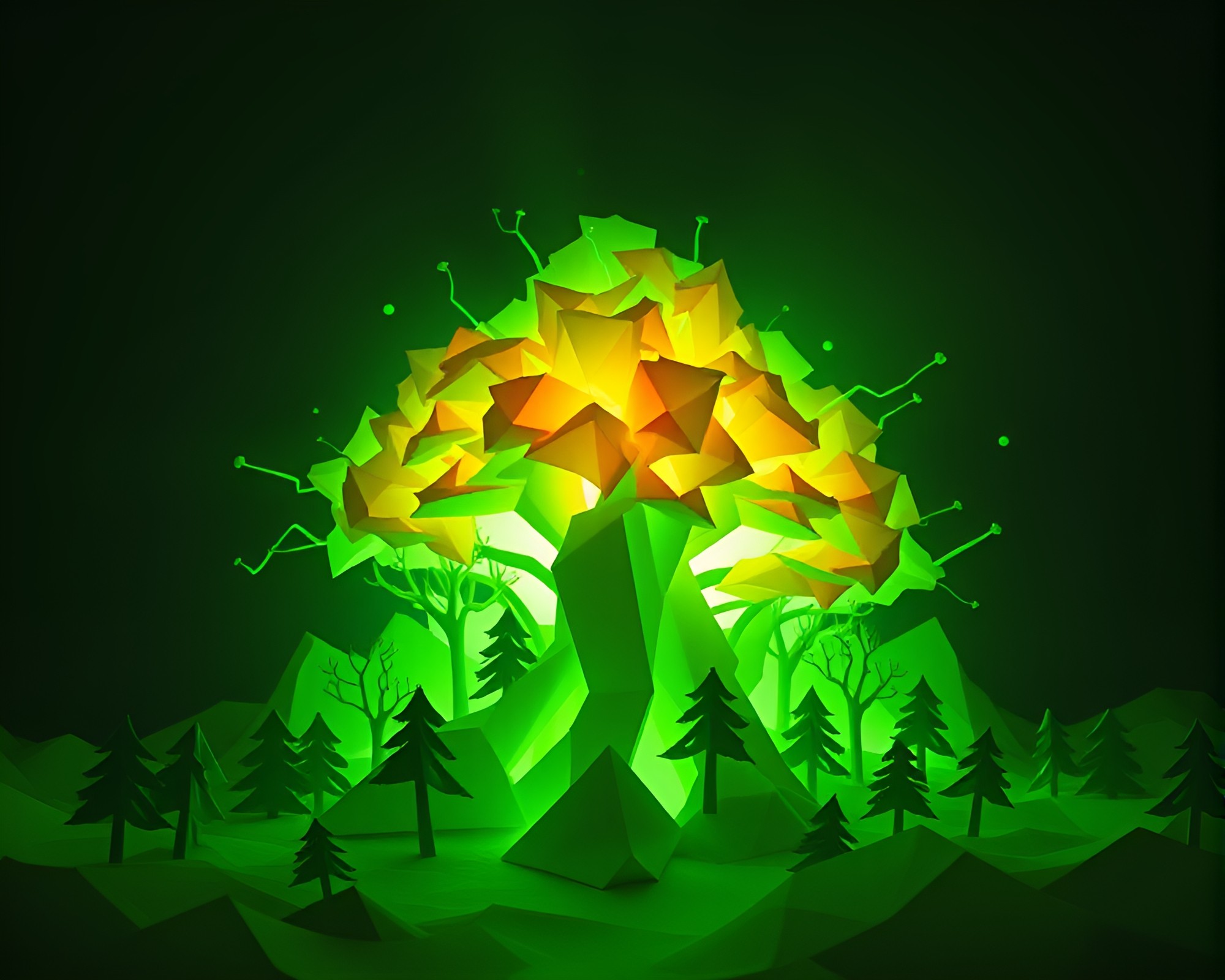 Bioluminescent Origami Forest with Monochrome Green Explosion Cloud – free AI stock image