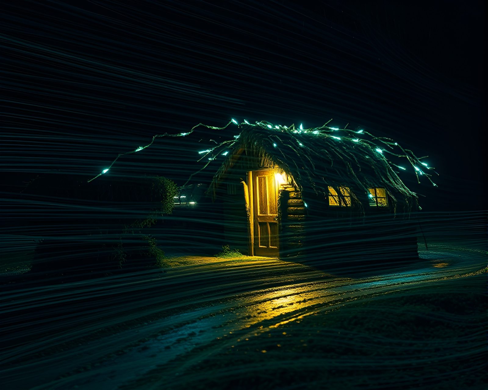 Hyper-realistic mud hut glowing under car light trails