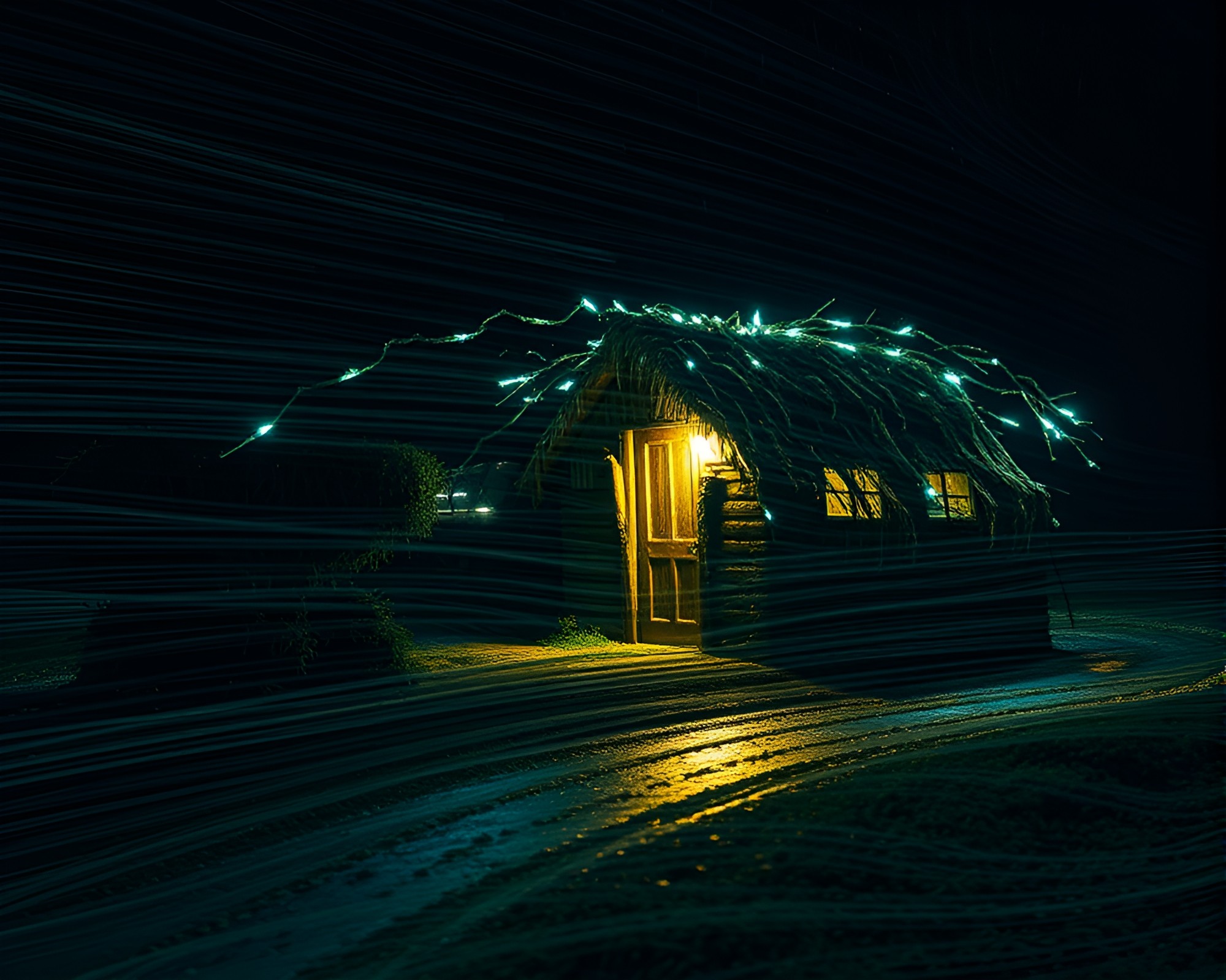 Hyper-Realistic Hut with Metallic Car Light Trails – free AI stock image