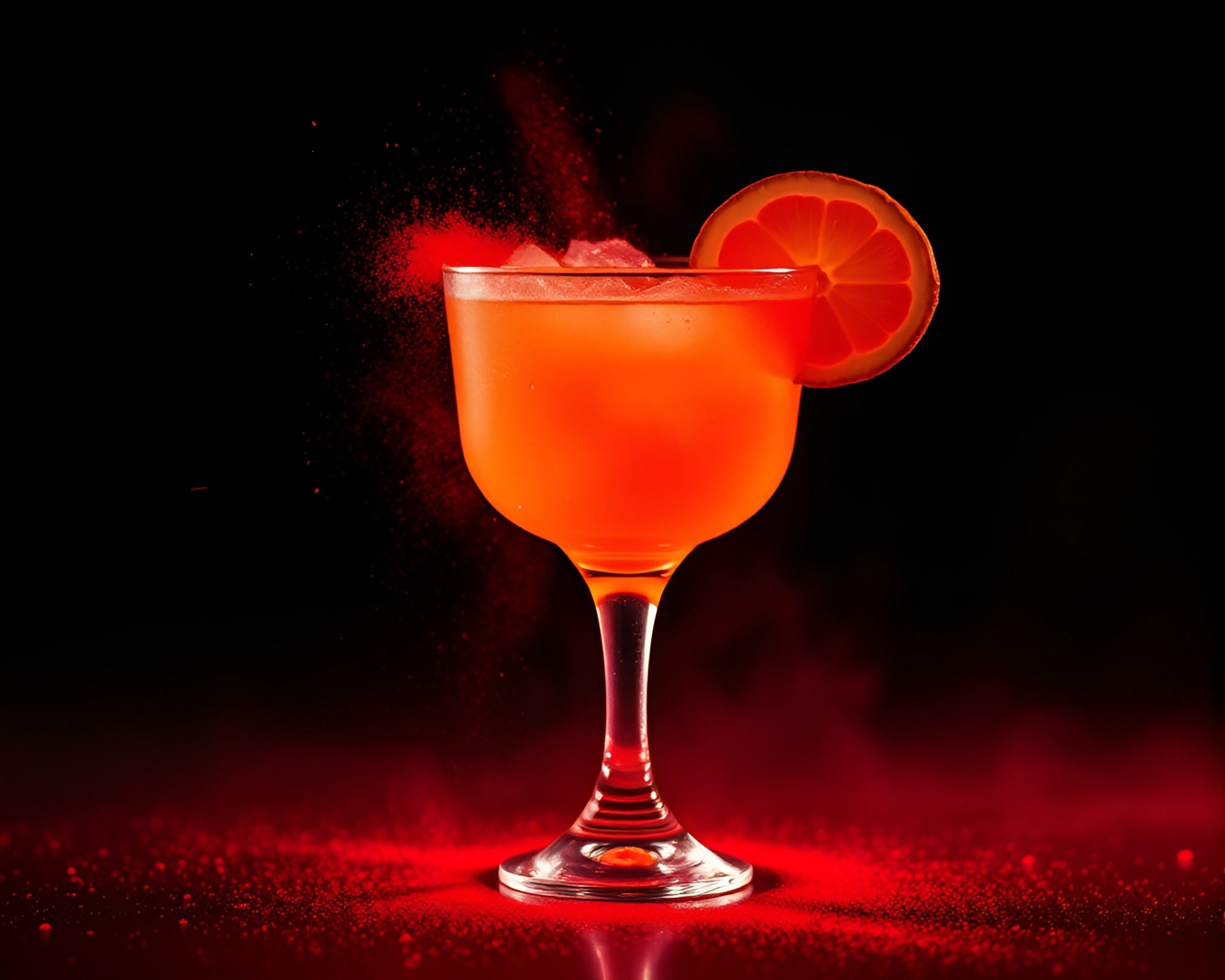 Neon Blood Orange Cocktail Vortex with Dust Particles – free AI stock image