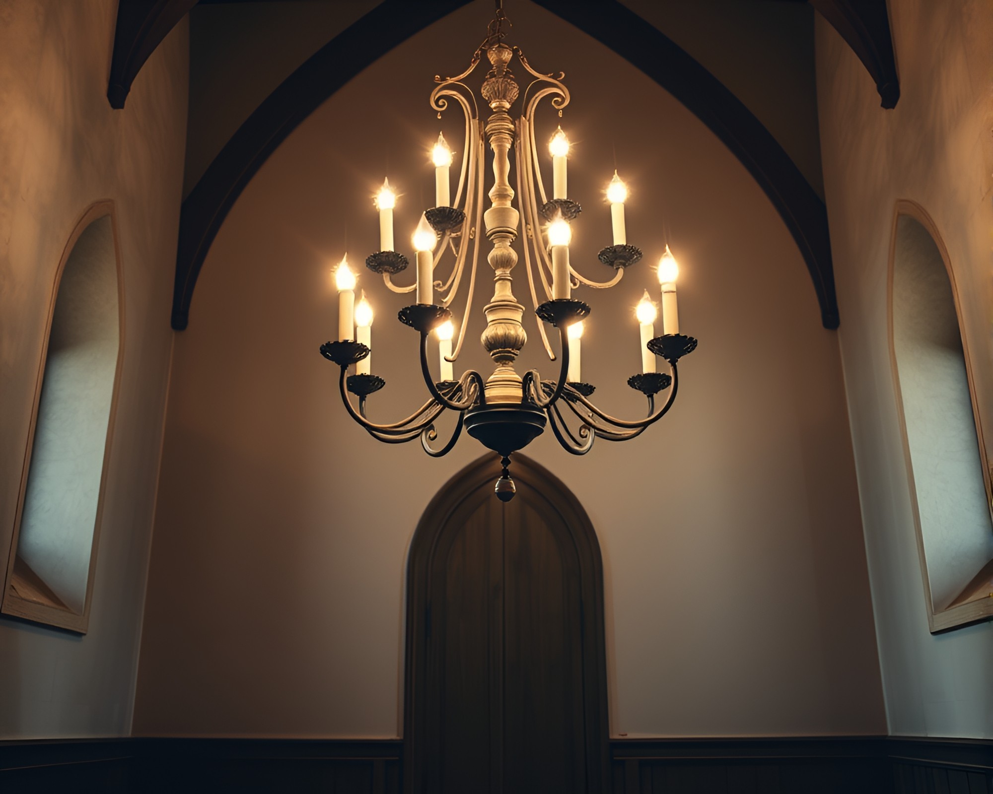 Gothic chandelier in sgraffito style minimalist setting – free AI stock image