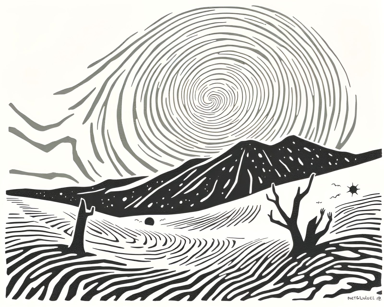 Woodcut print of an ivory desert mirage with fingerprint swirls