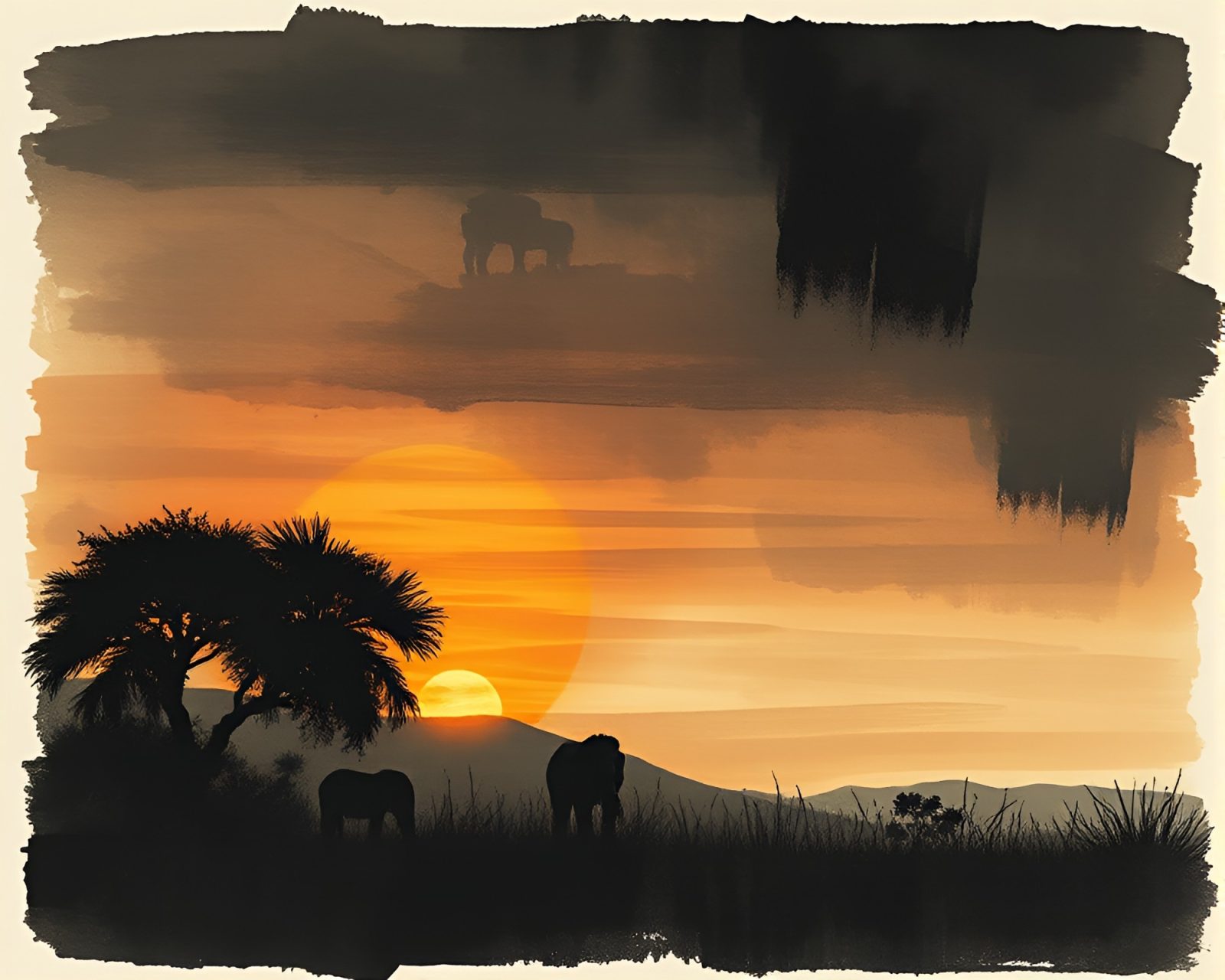 Abstract dadaist collage of savanna sunset in charcoal strokes