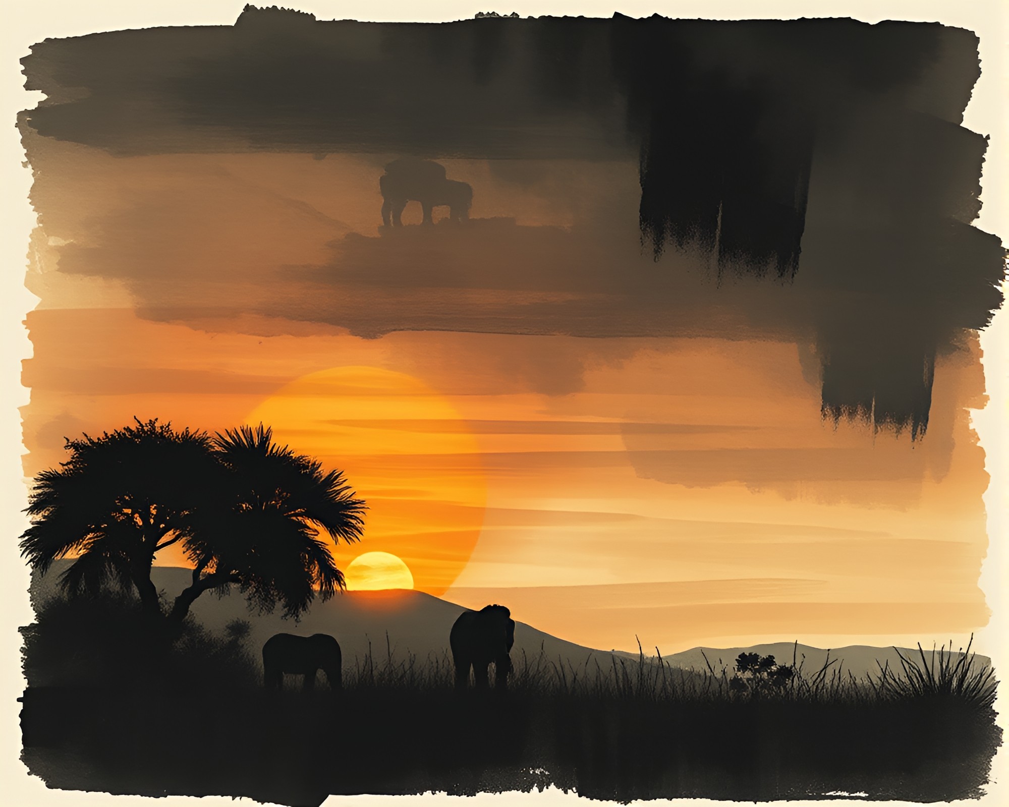Charcoal Savanna Sunset: Dadaist Collage Masterpiece – free AI stock image