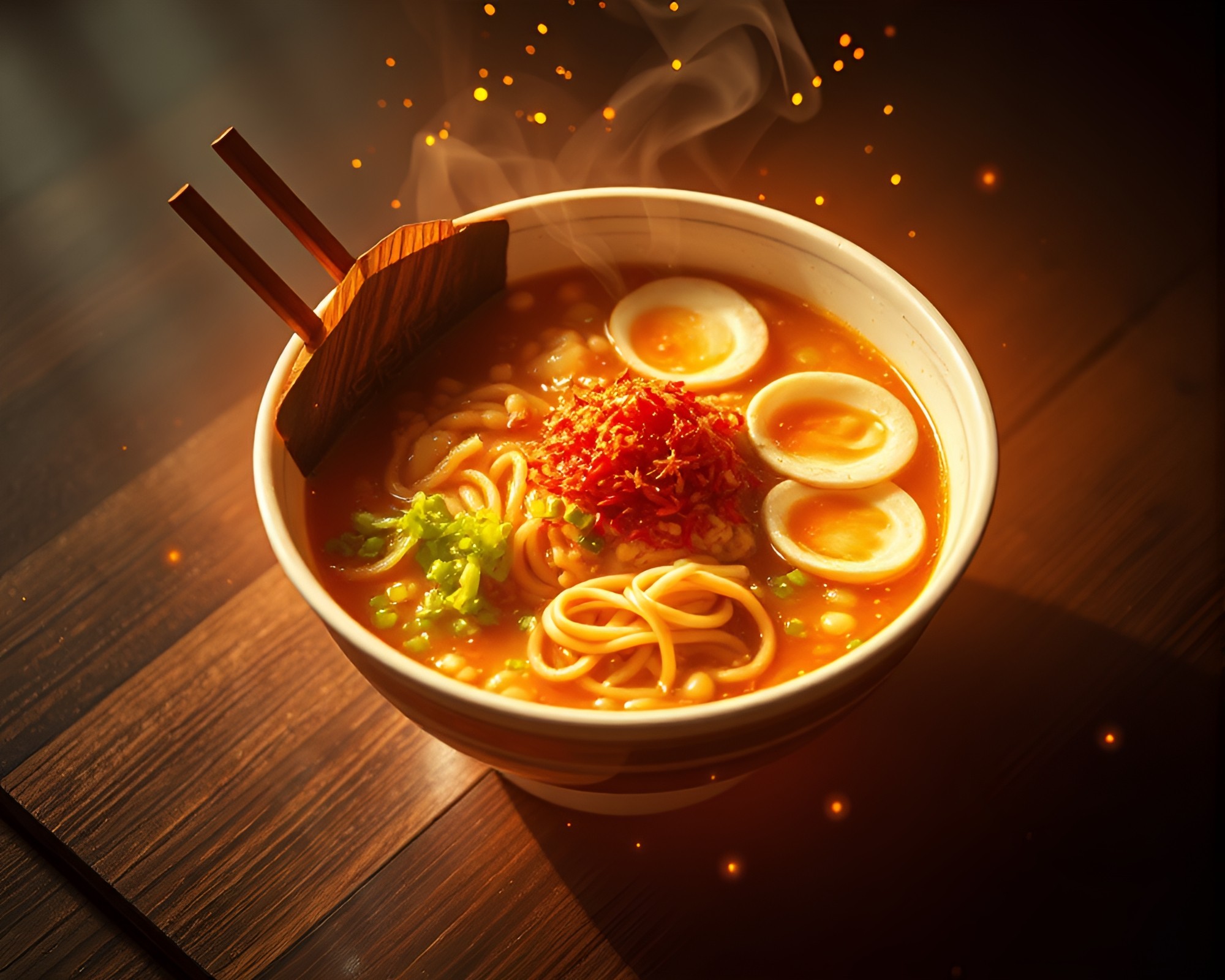 Ramen Bowl Illuminated by Torchlight Particle Simulation – free AI stock image