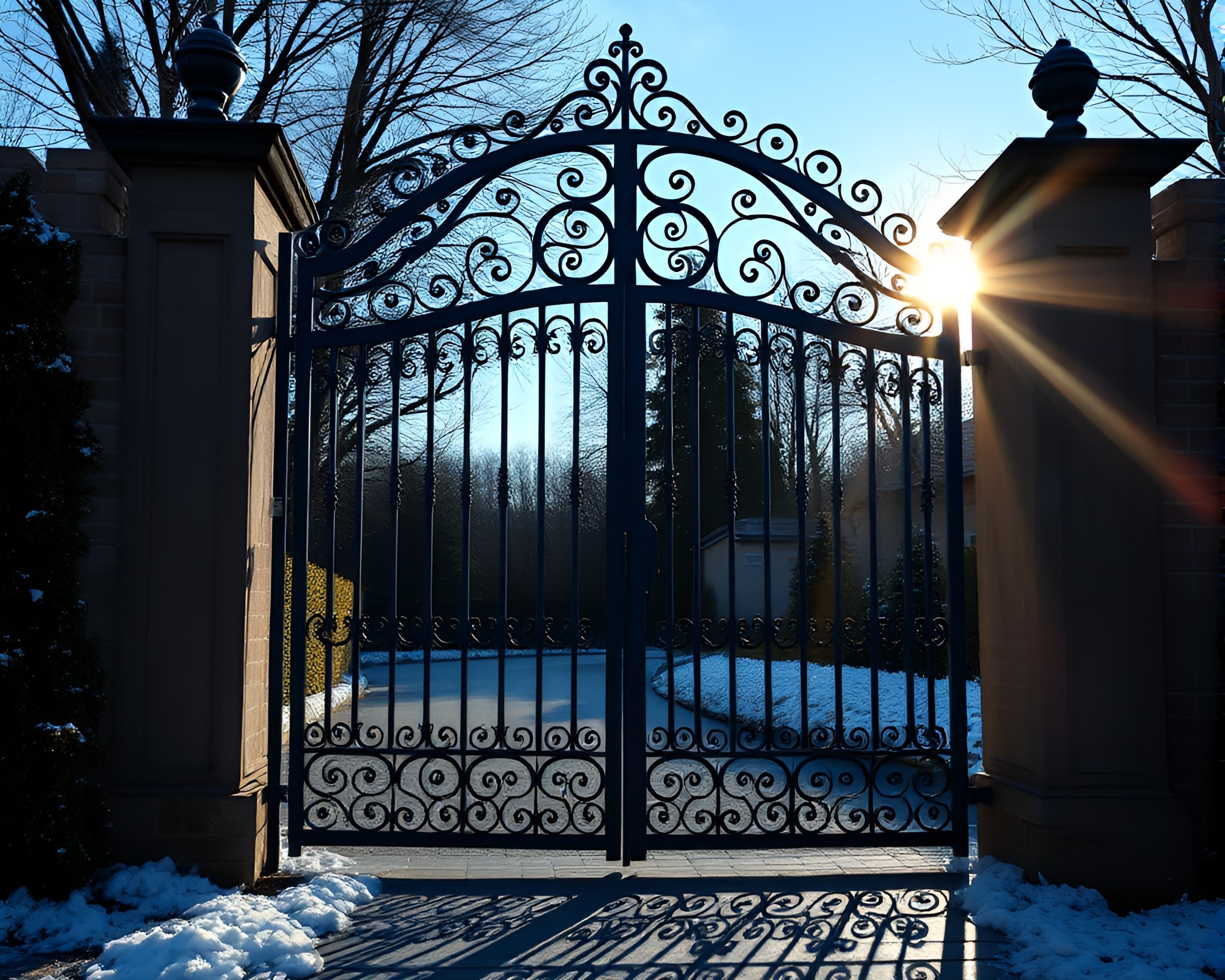 Frosty Wrought Iron Gate Sun Glares – free AI stock image