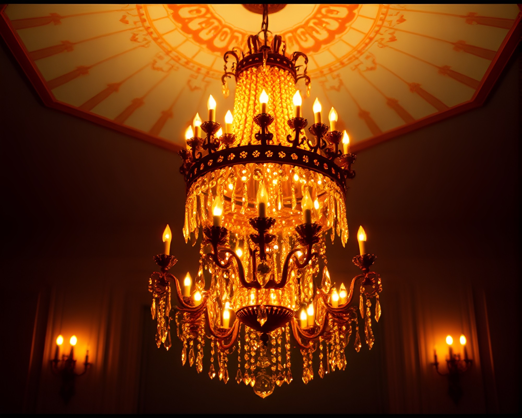 Gleaming Chandelier Illuminated by Vintage Film Burns – free AI stock image