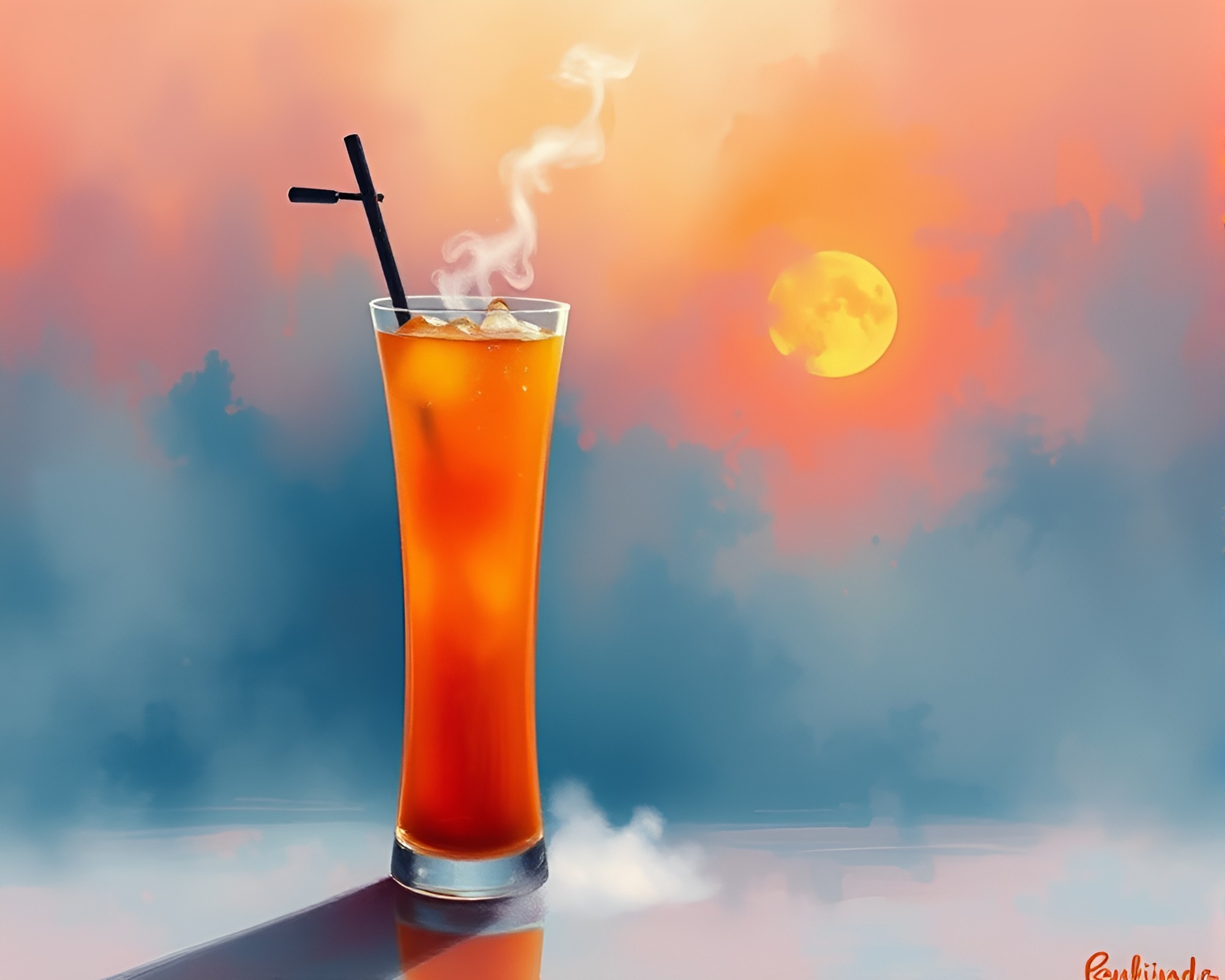 Misty Blood Orange Sunset over Ancient Fresco City – free AI stock image