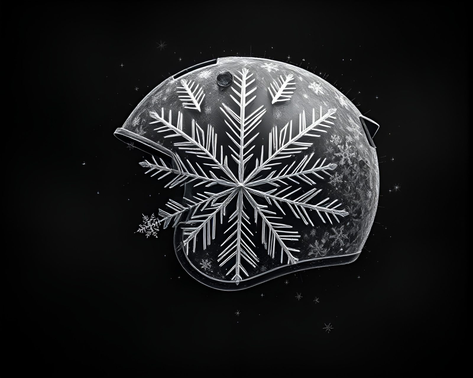 Intricate fractal snowflake design on dark background resembling a helmet