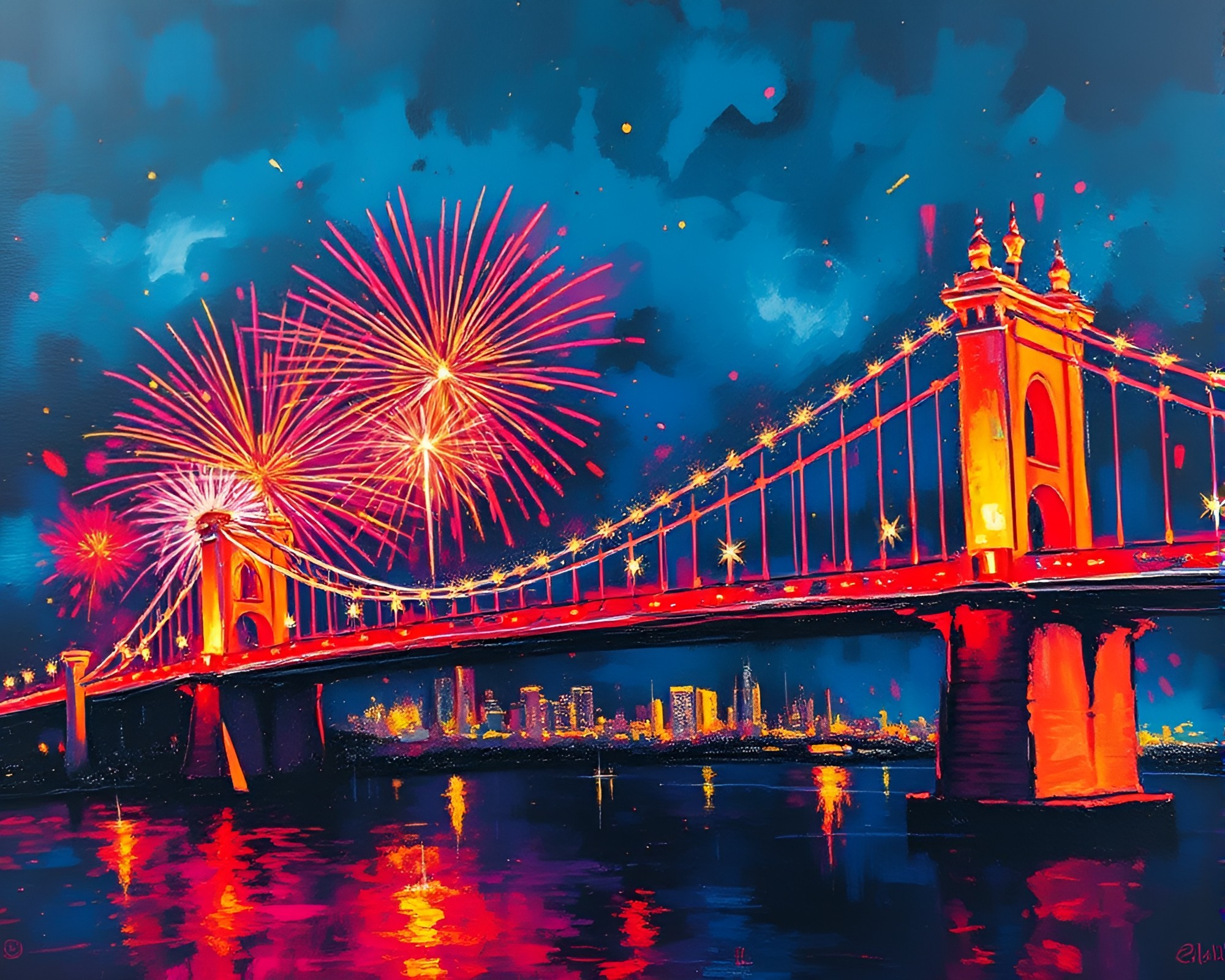 Neon City Bridge with Explosive Fireworks – free AI stock image