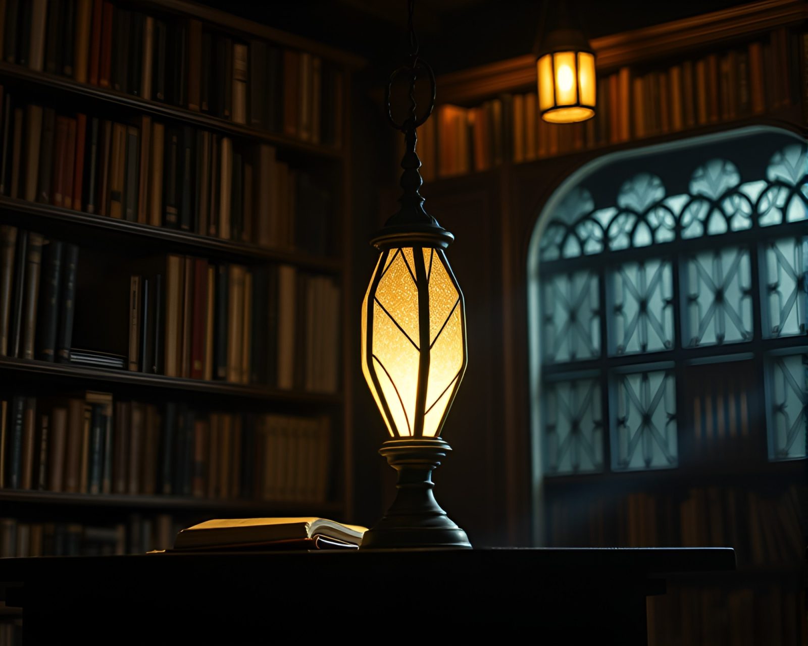Origami-style artwork featuring a magical illuminated rune stone in a cozy library setting