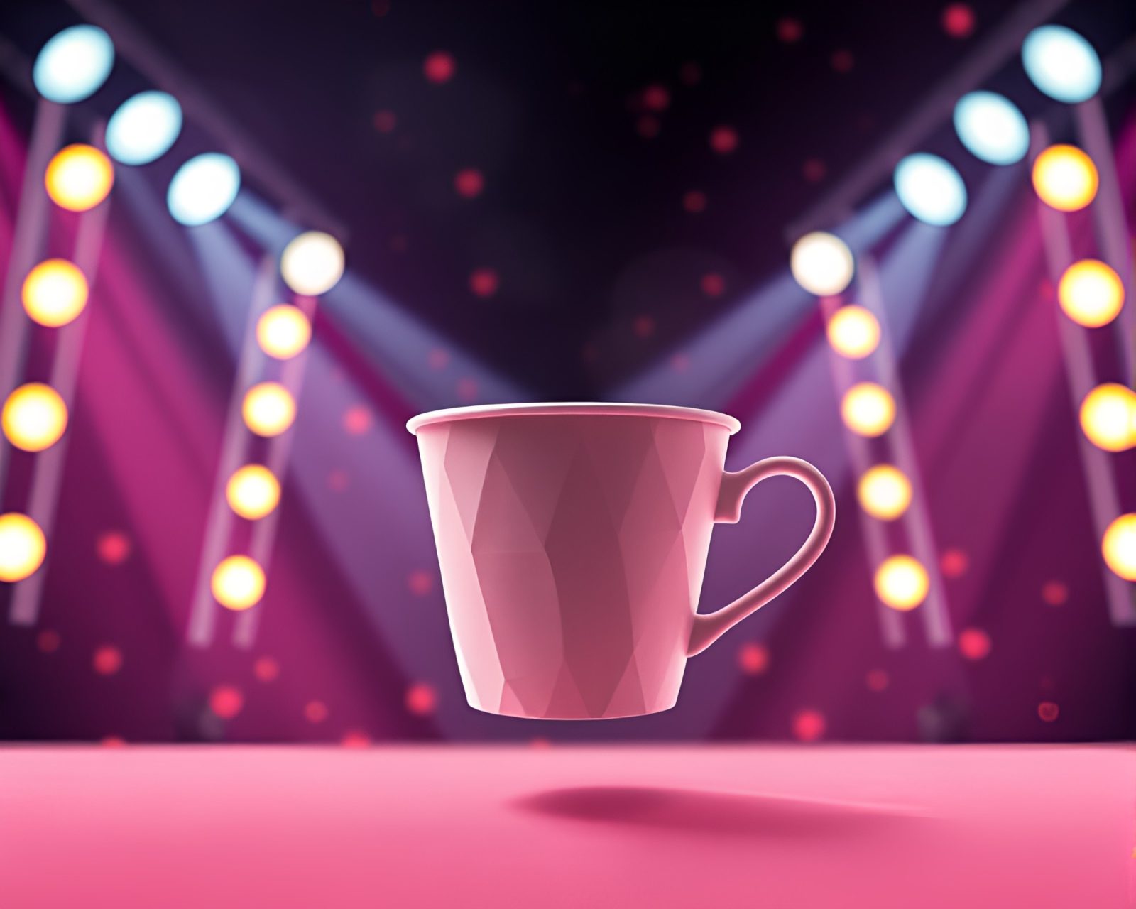 Vintage pixel art scene with floating tea cup on stage
