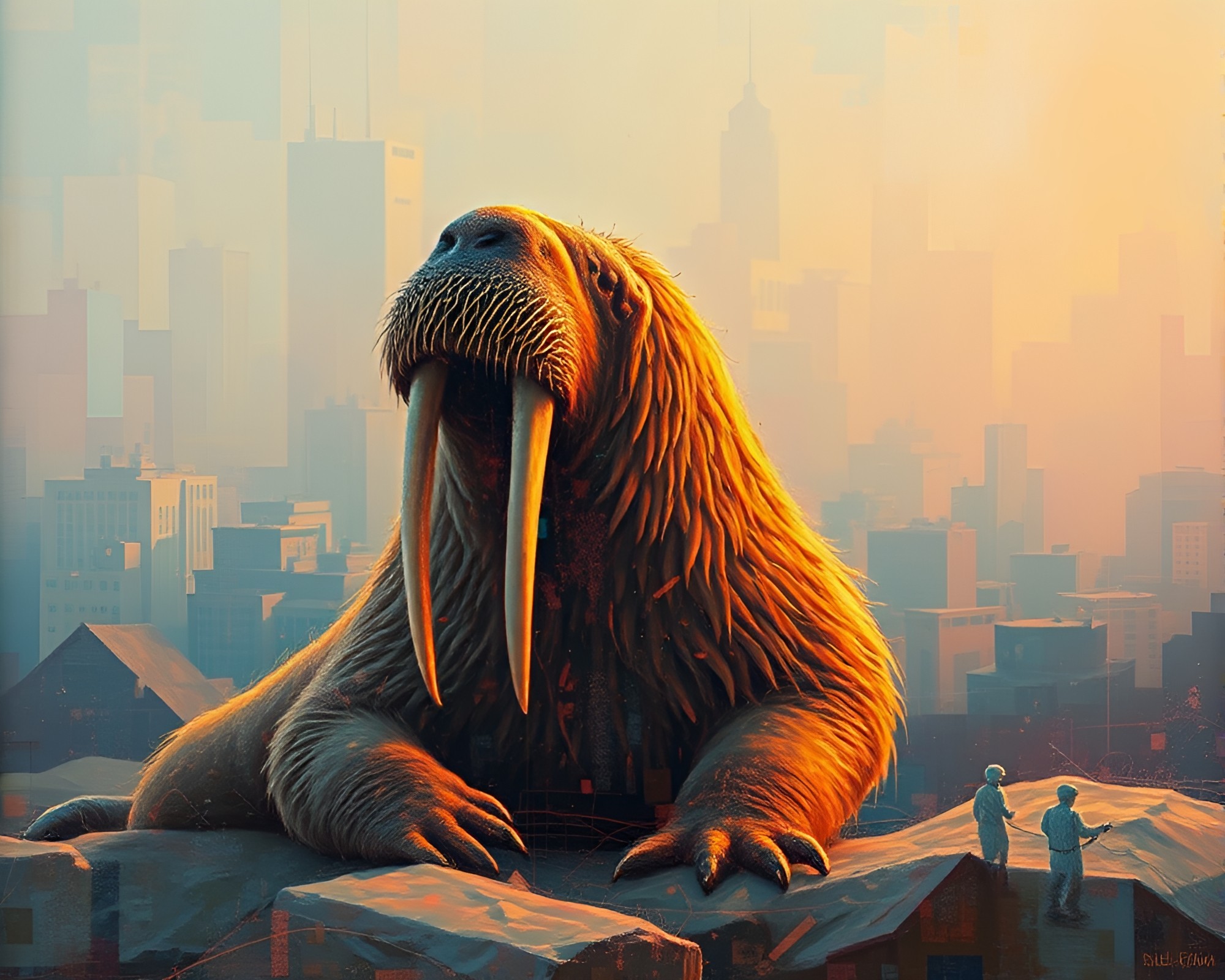 Glitch Artifacts in Walrus Fresco under Warm Glow – free AI stock image