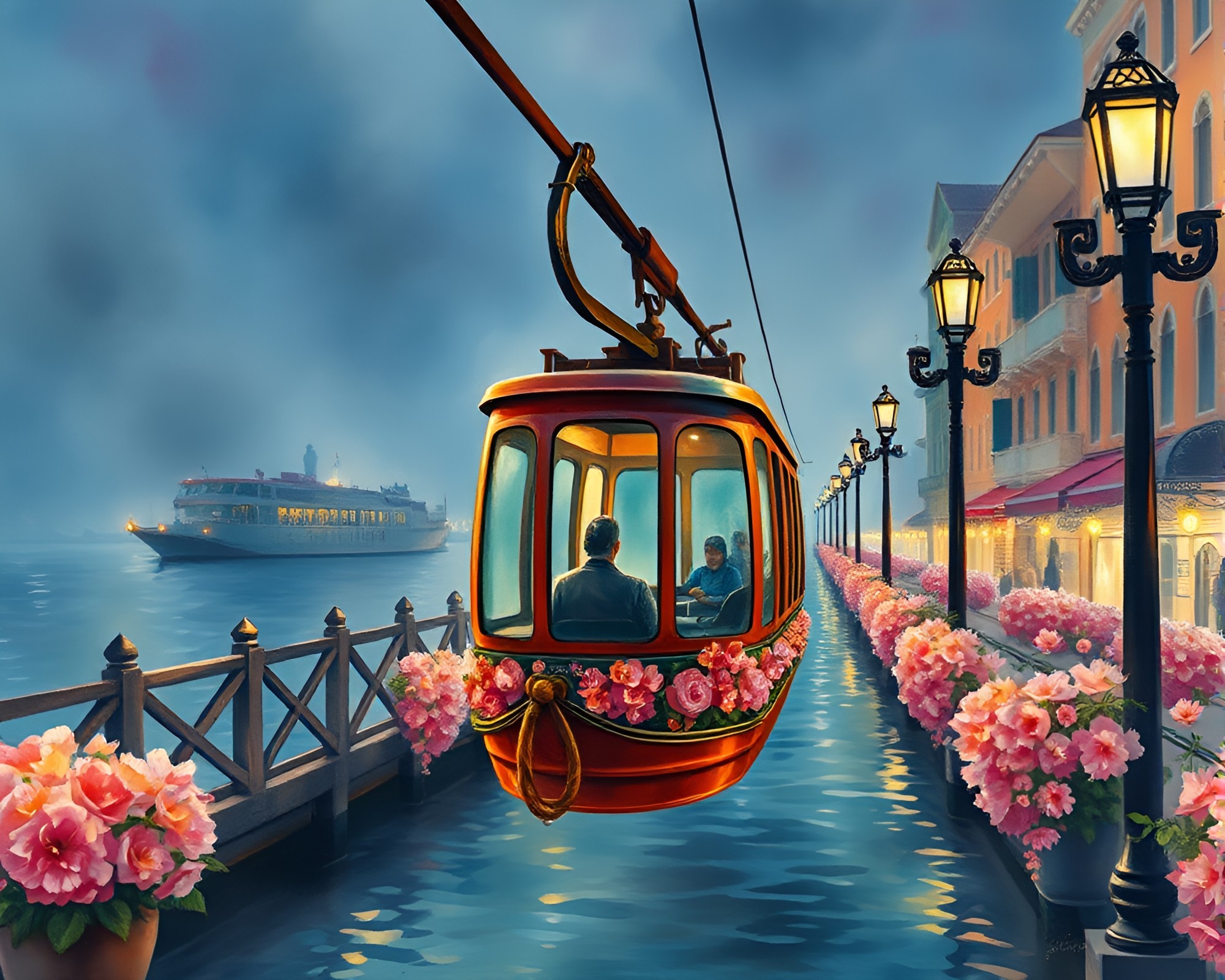 Hyper-Saturated Venice Gondola Lift Watercolor Scene – free AI stock image