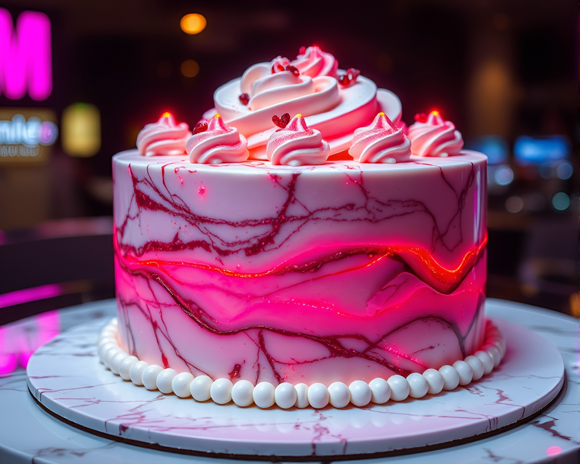 Neon Cityscape with Marbled Cake in Divisionism Style – free AI stock image