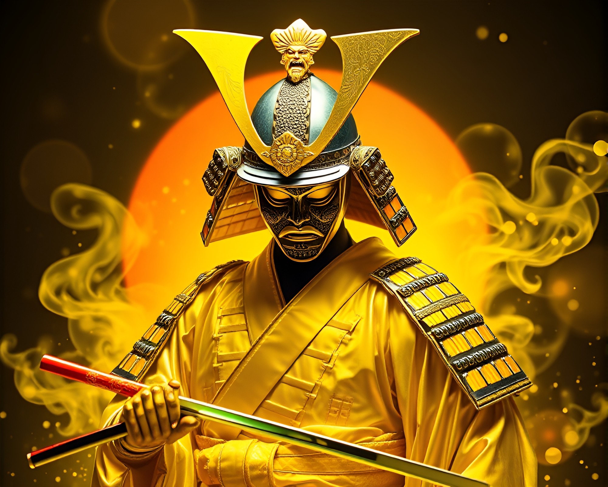 Samurai Warrior Bathed in Lemon Yellow Soap Film Iridescence – free AI stock image